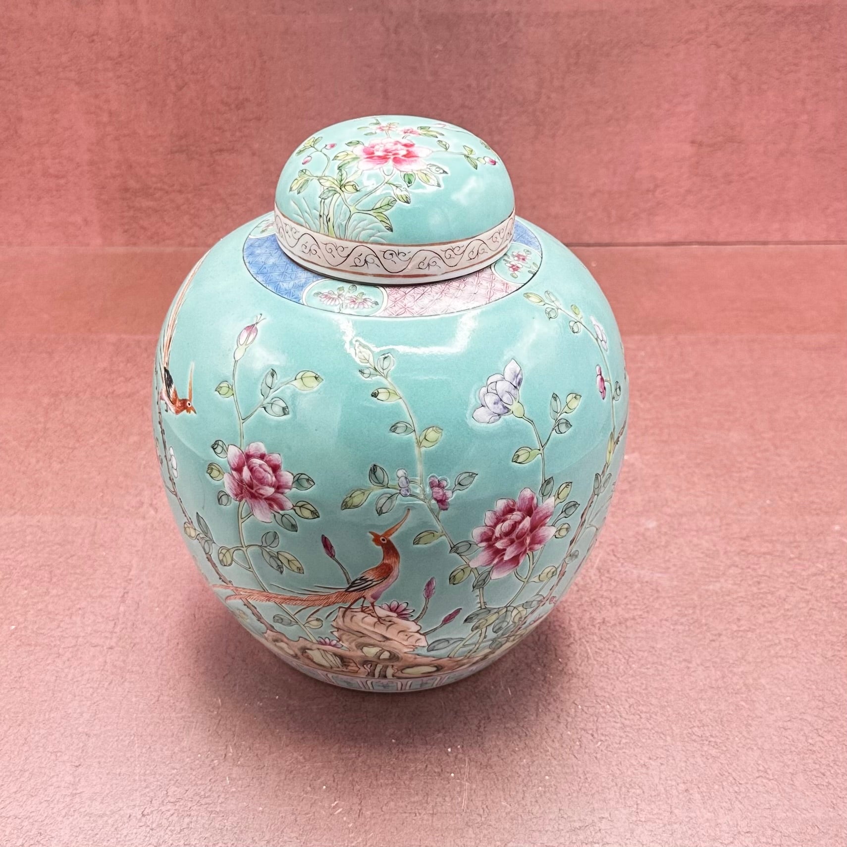 Aqua Chinoiserie Chinese Ginger Jar w/ Pheasant