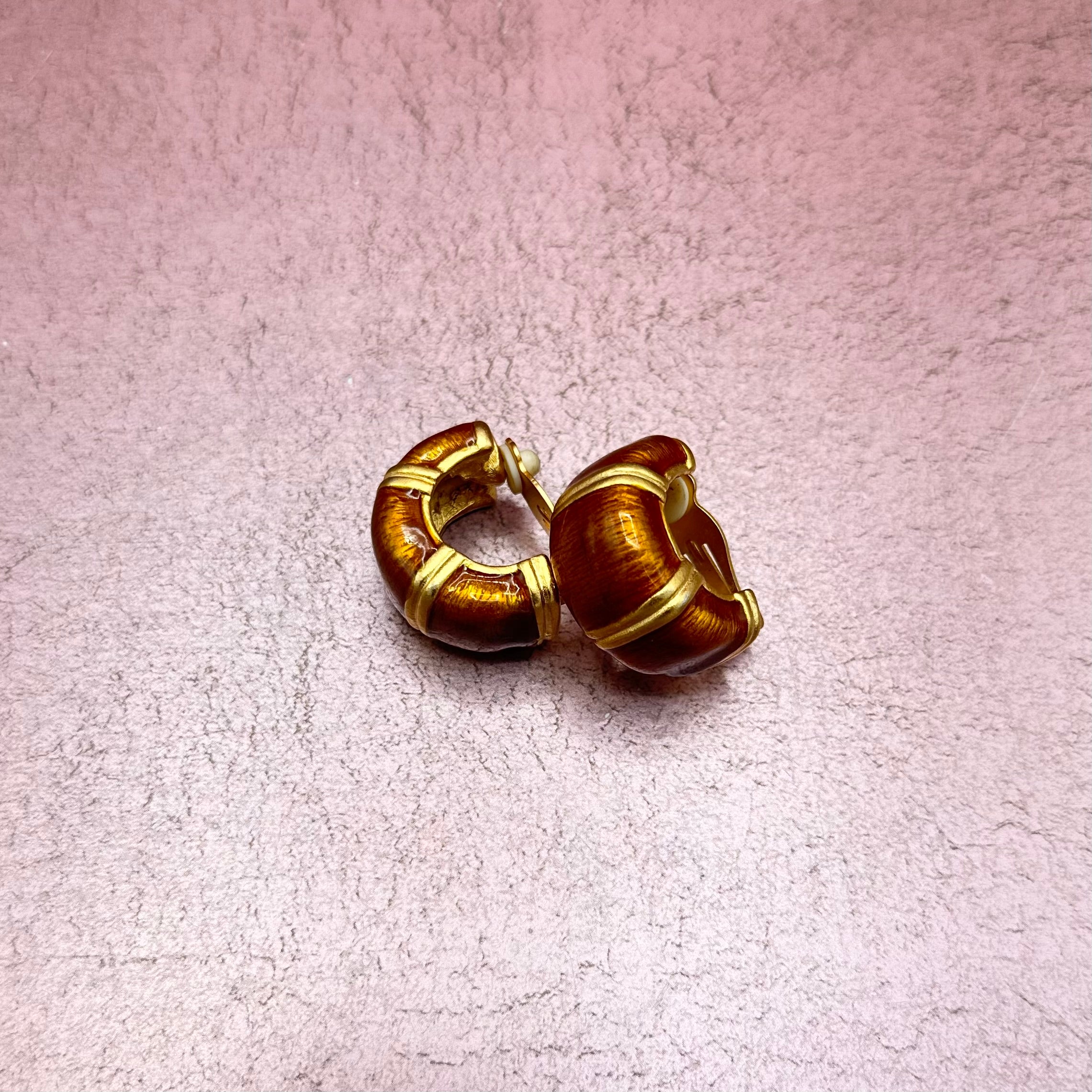Vintage Amber Enamel & Gold Half Circle Clip-on Earrings