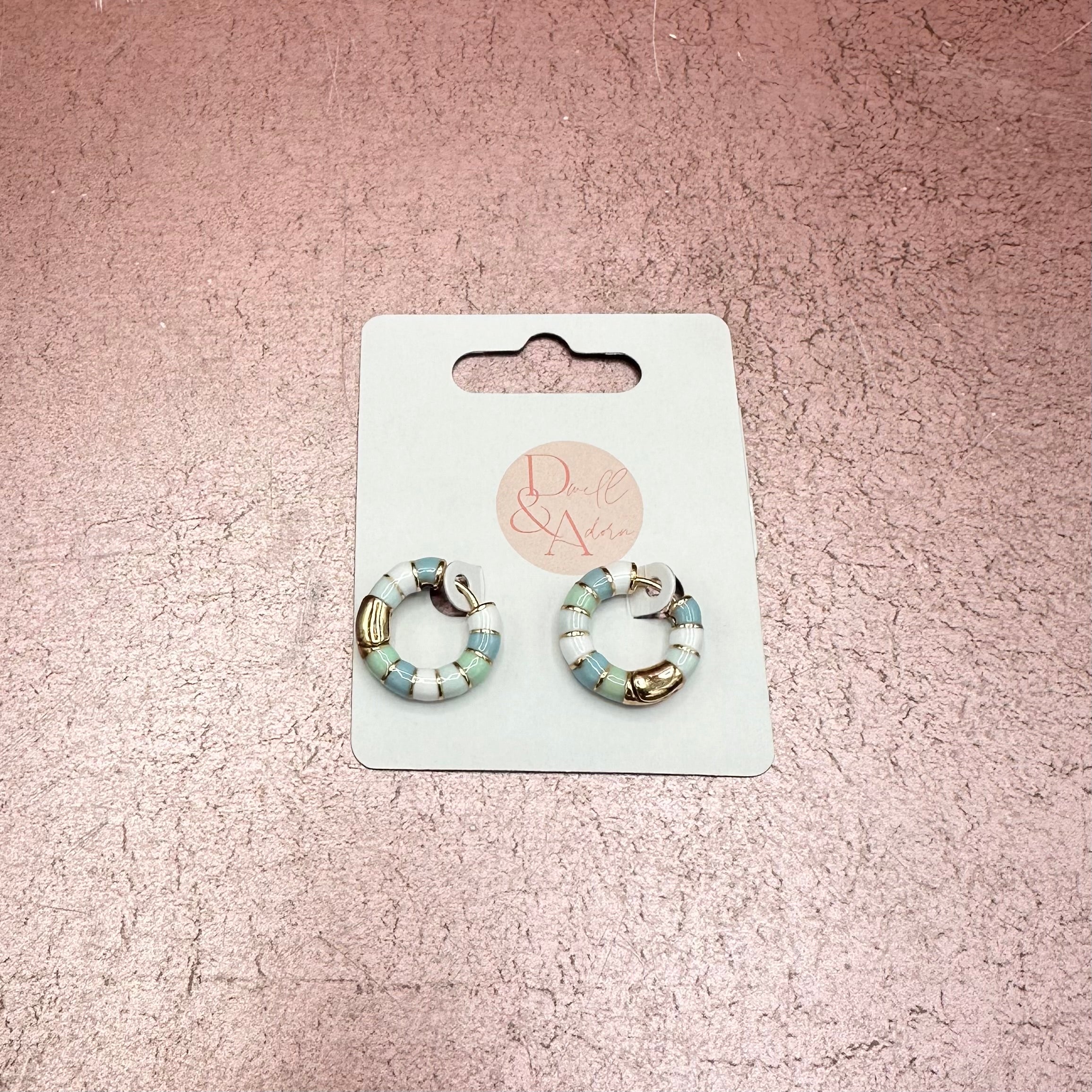 Huggie Bamboo Hoops Aqua/Cream Earrings