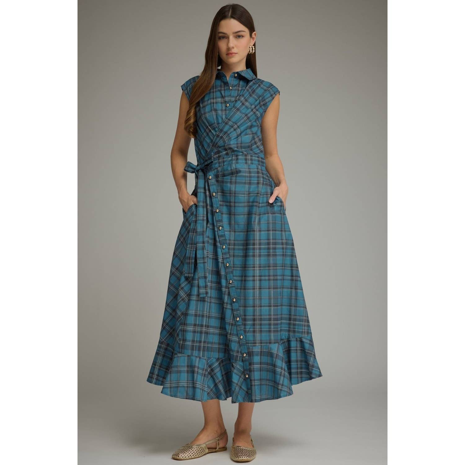 Plaid Cap Sleeve Midi Dress