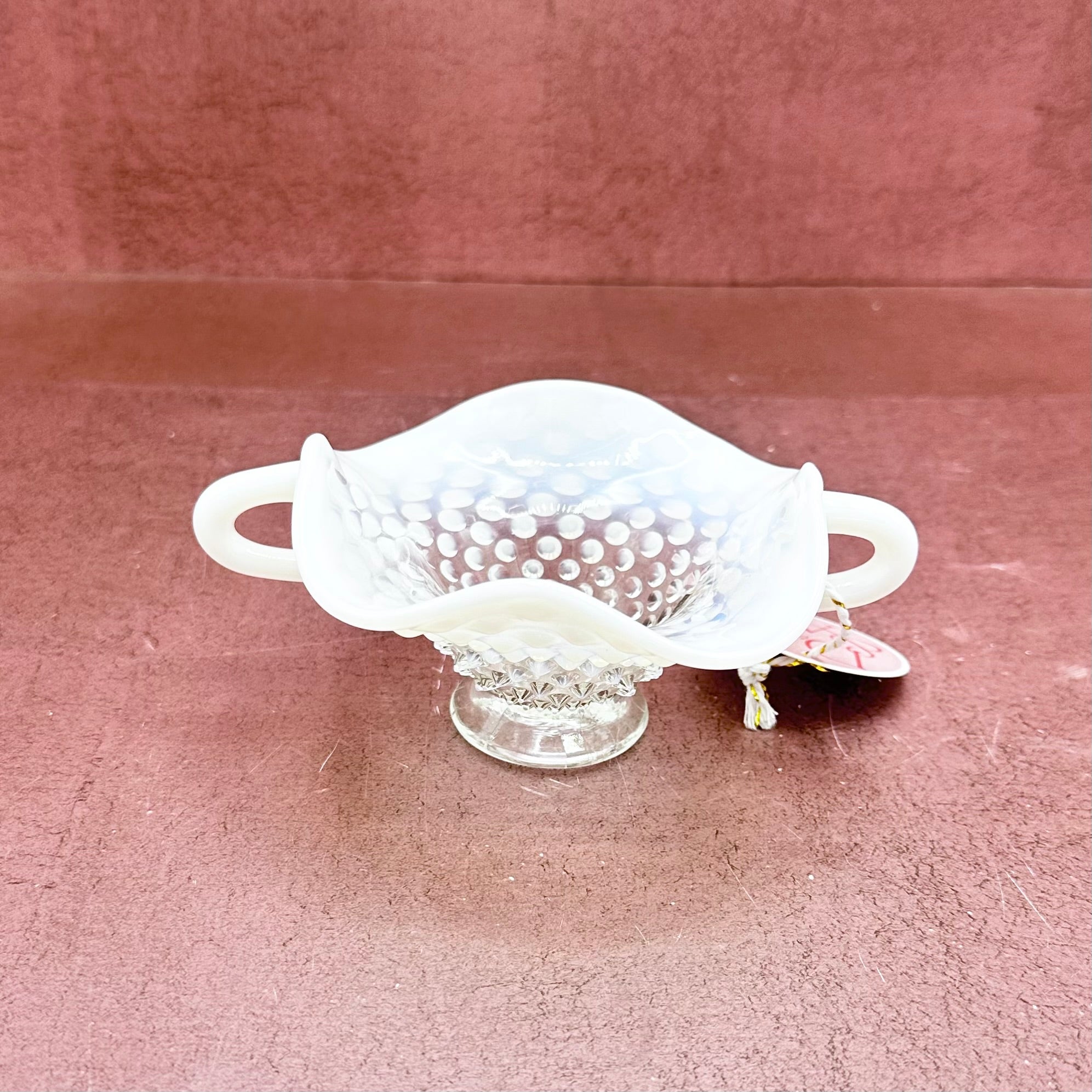White Ruffle Edge Hobnail Fenton Bowl w/ Handles
