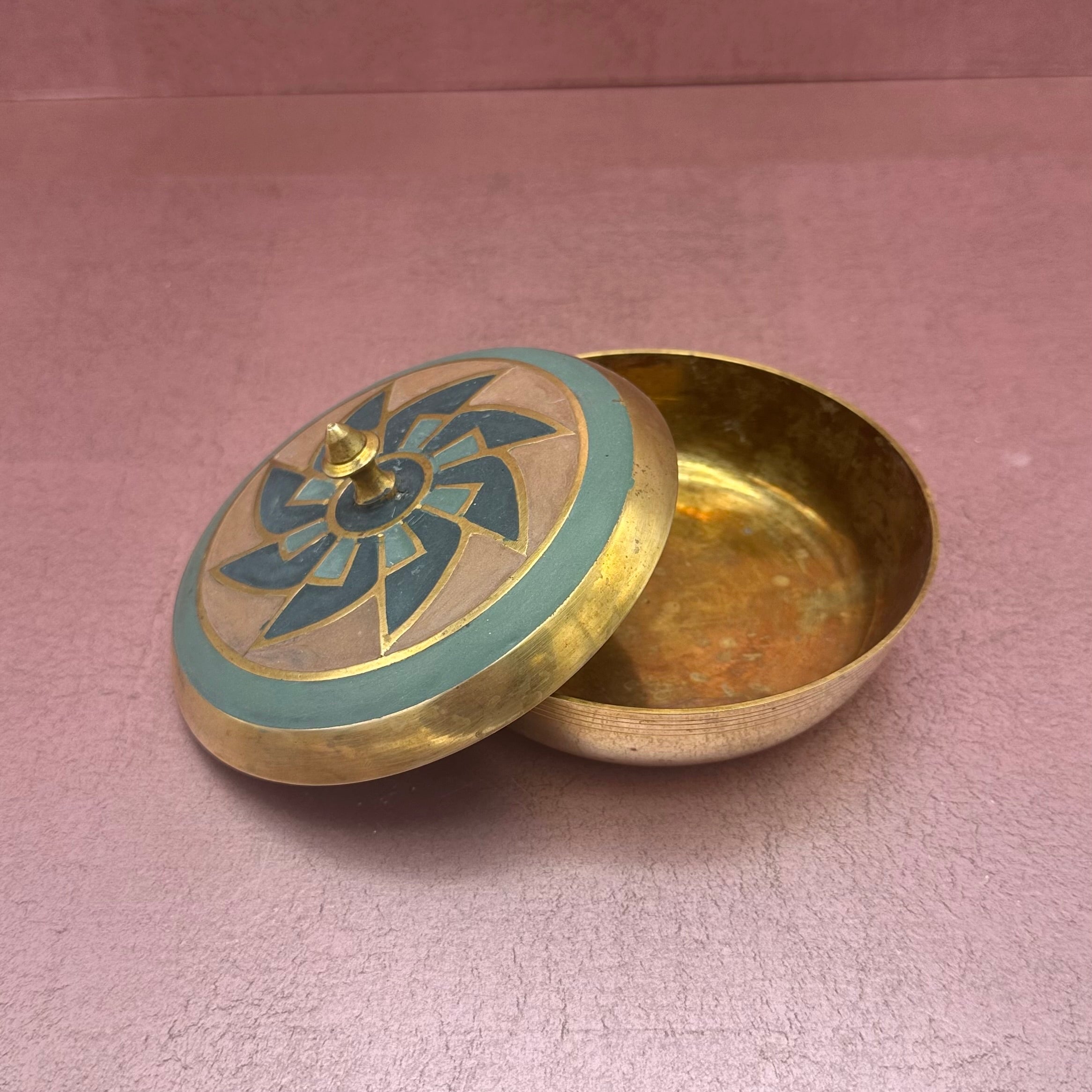 Cloisonne Style Brass Lidded Bowl w/ Fan Pattern