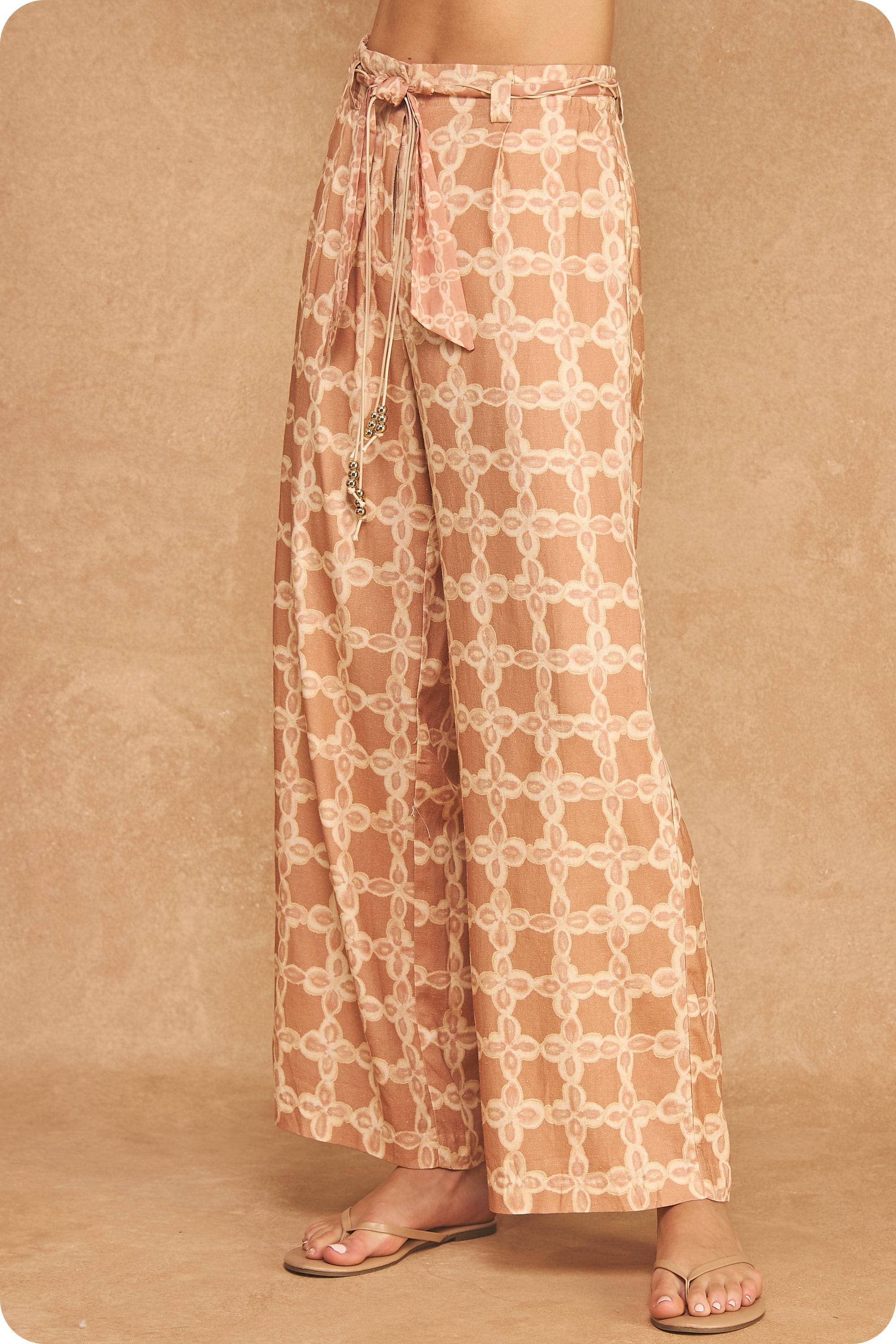 Chainlink Print Scarf Tie Belt Wide Leg Pants