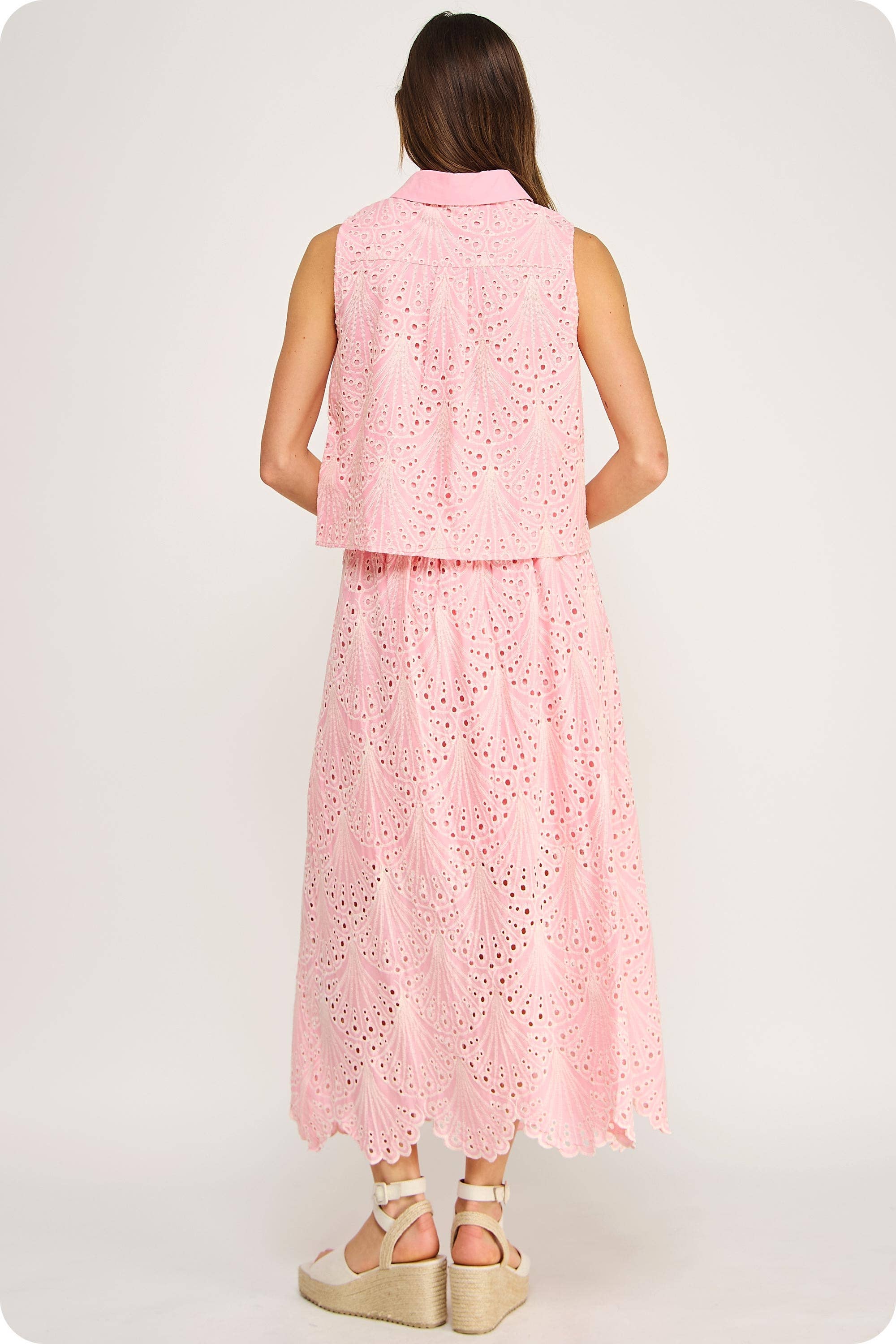 Eyelet Embroidered Pink Shirt and Midi Skirt Set