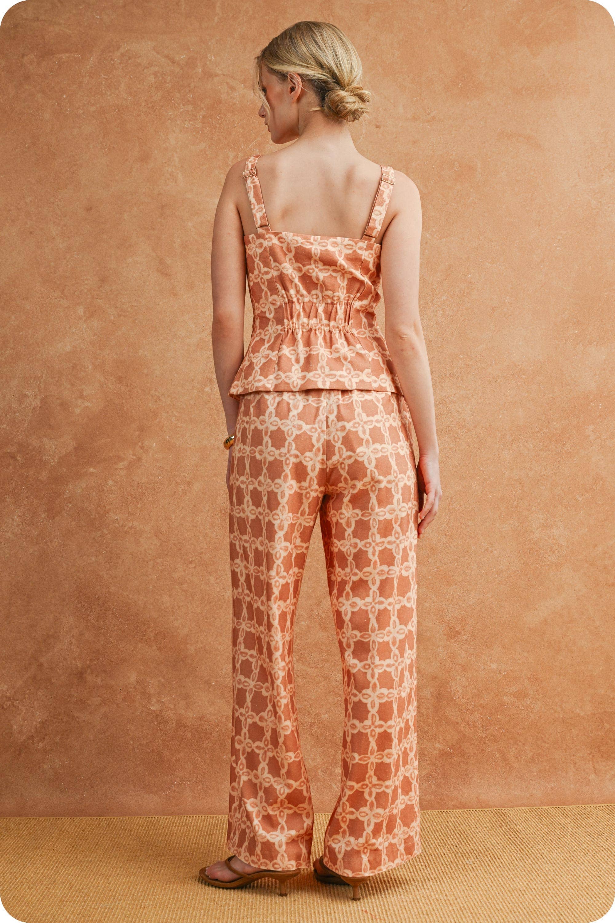 Chainlink Print Scarf Tie Belt Wide Leg Pants