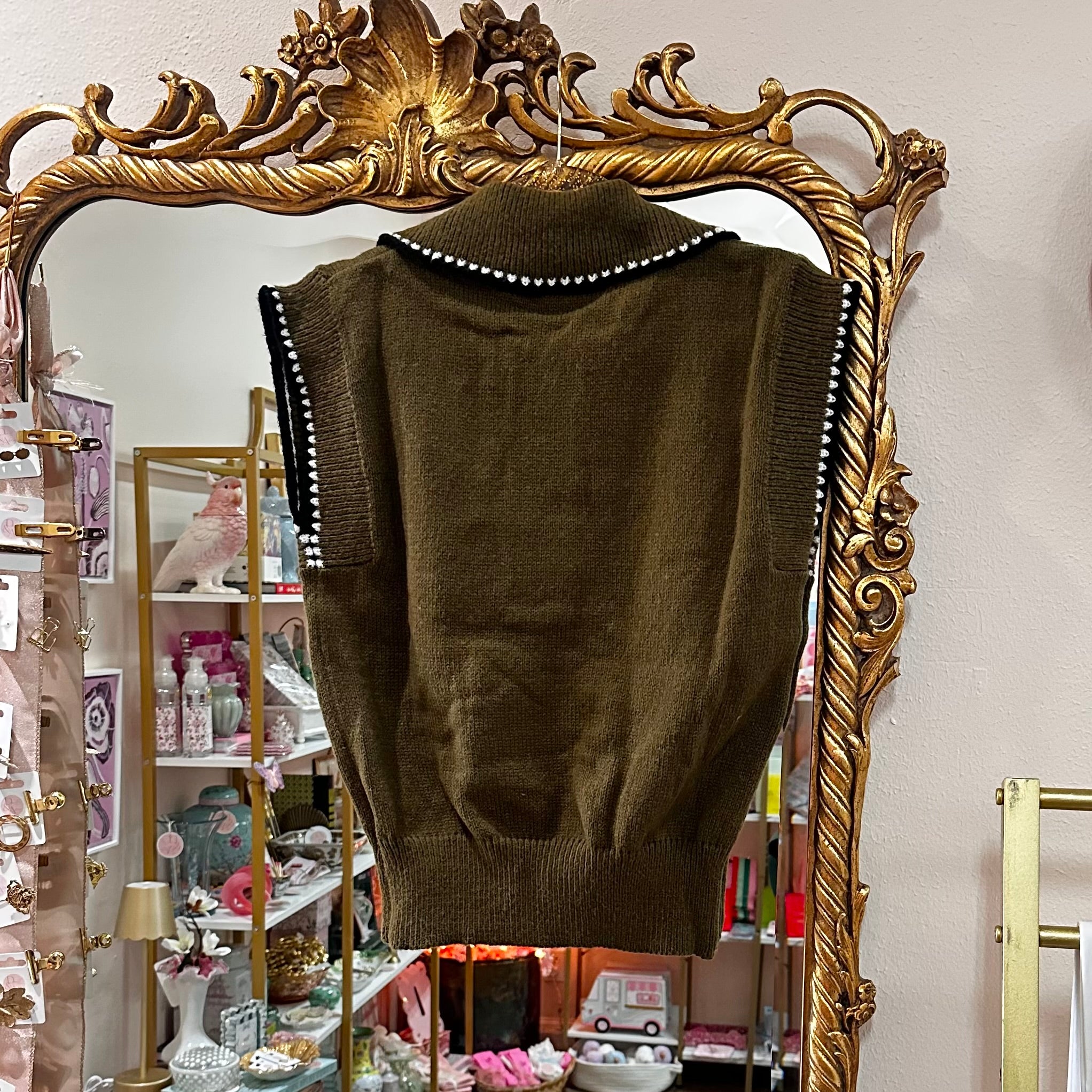 Army Green Short Sleeve Collared Sweater