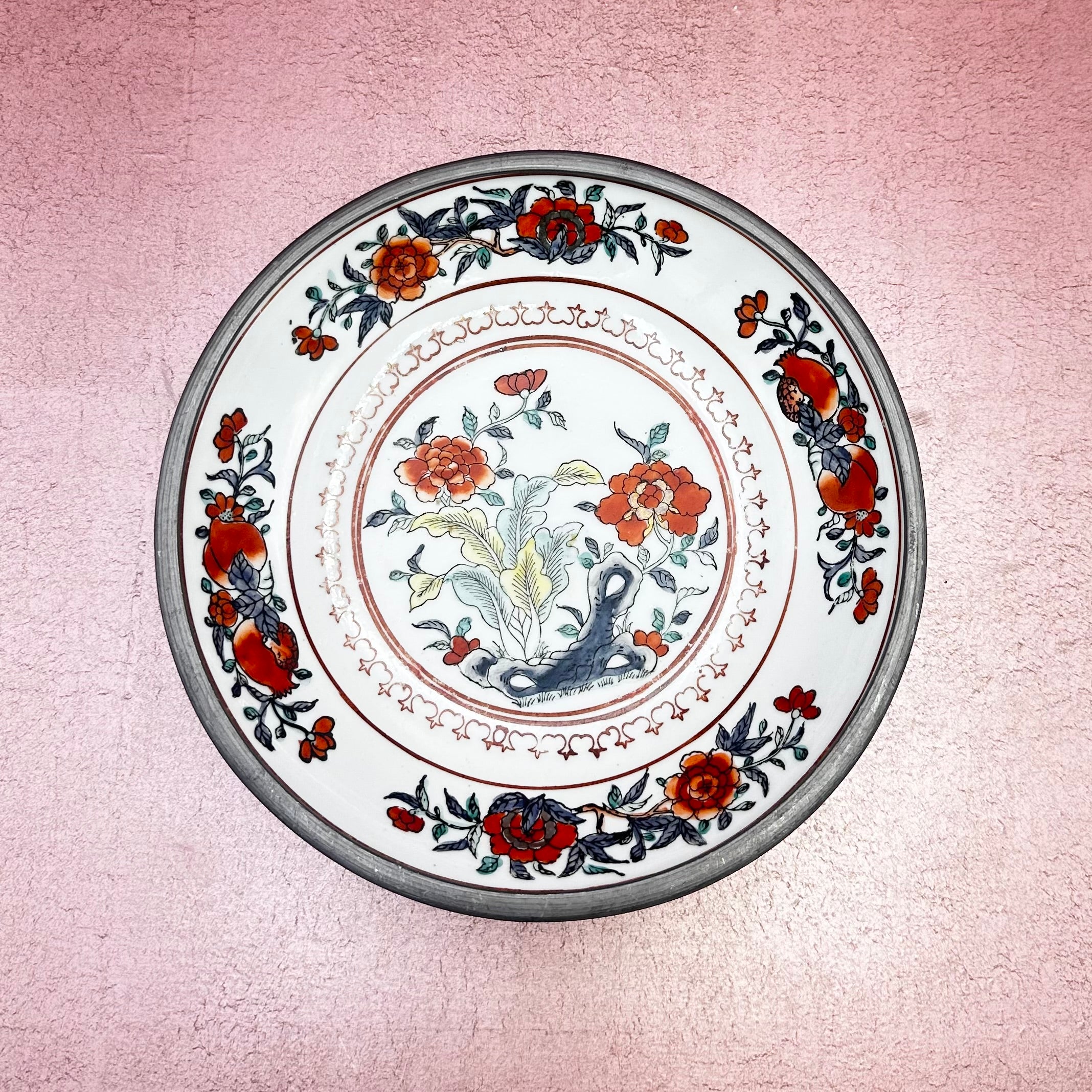 Pewter Encased Bowl Orange & Blue Floral