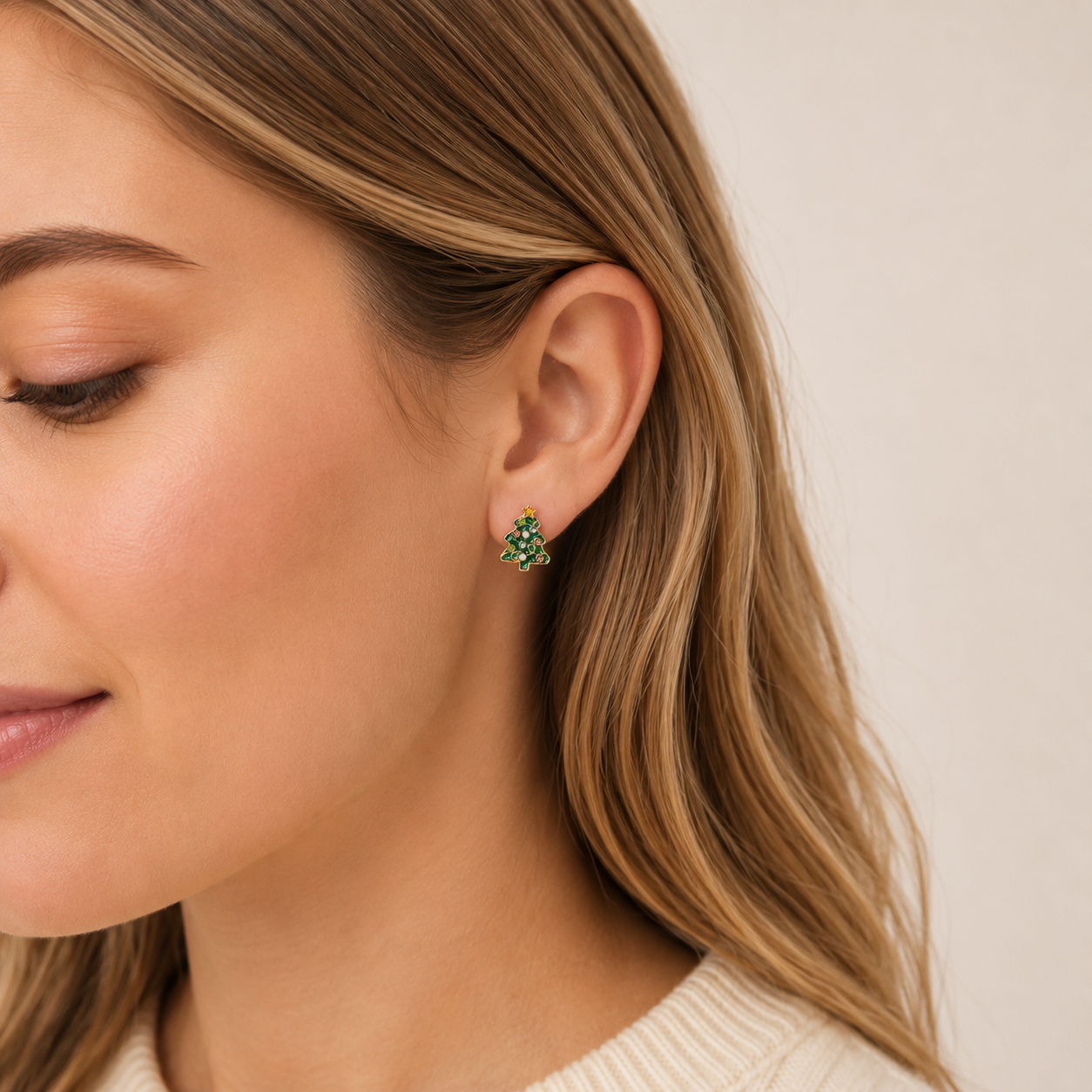 Enamel w/ Pearl Christmas Tree Stud Earrings