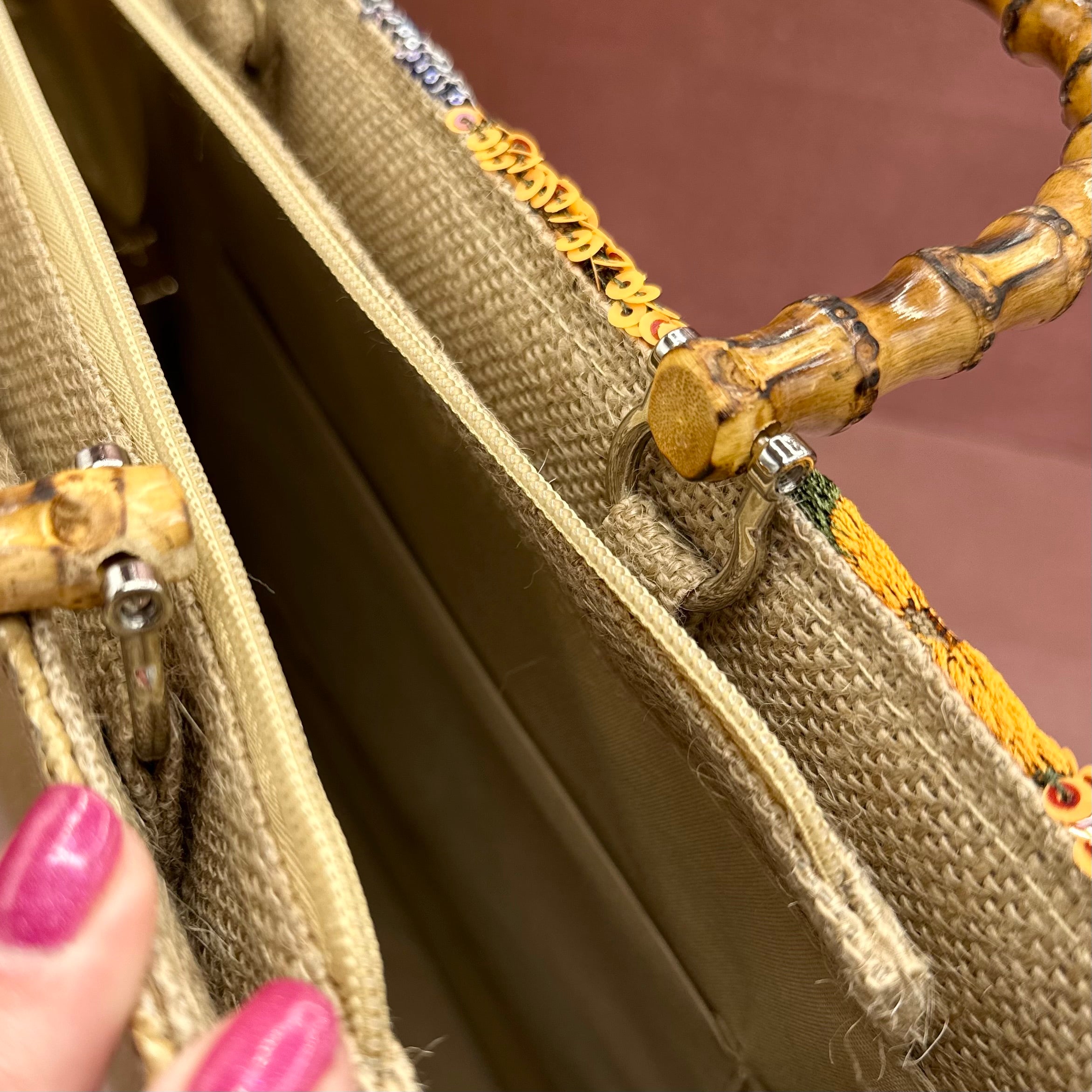 Bamboo Handle Embroidered & Sequin Tote