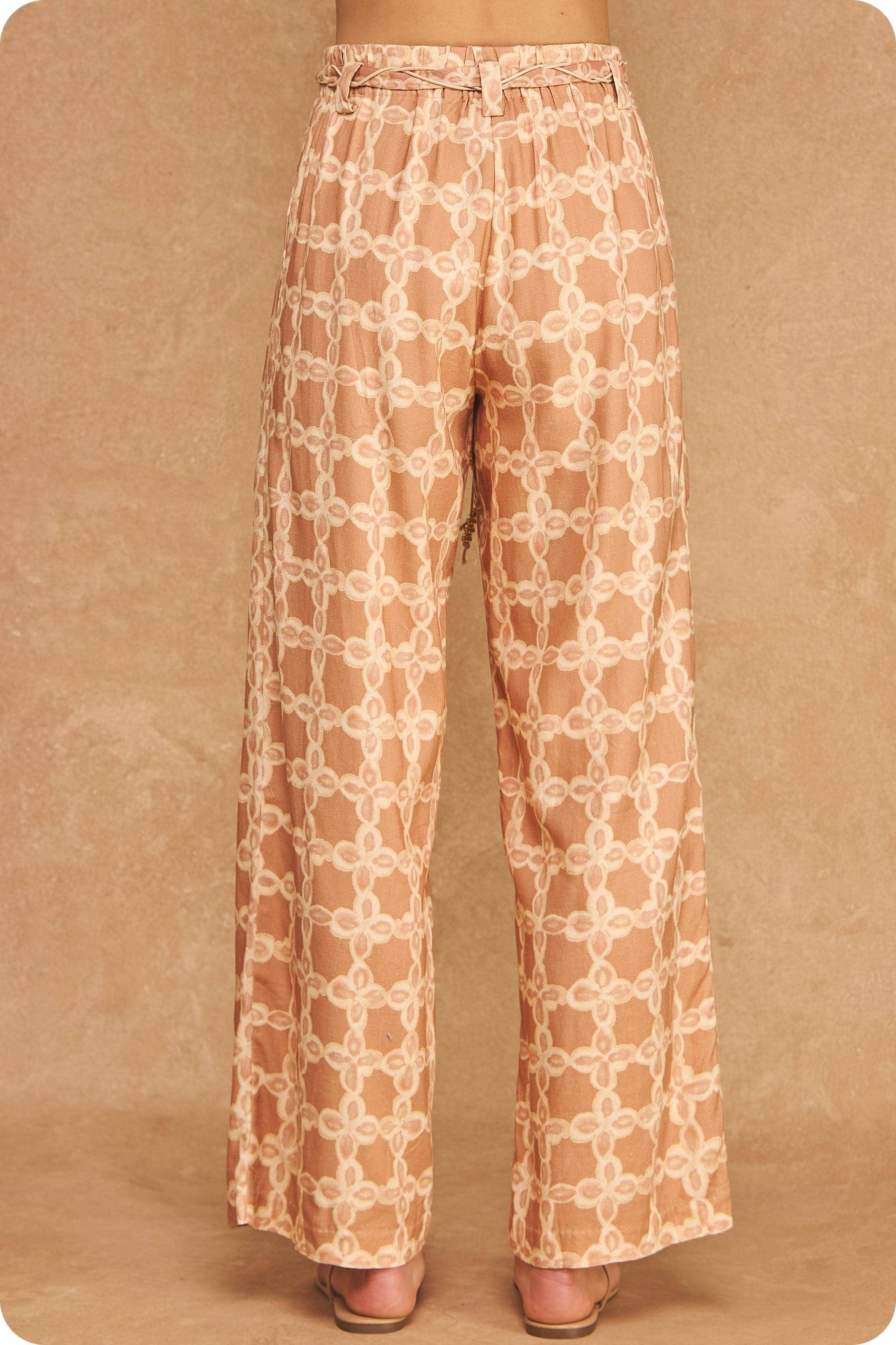 Chainlink Print Scarf Tie Belt Wide Leg Pants