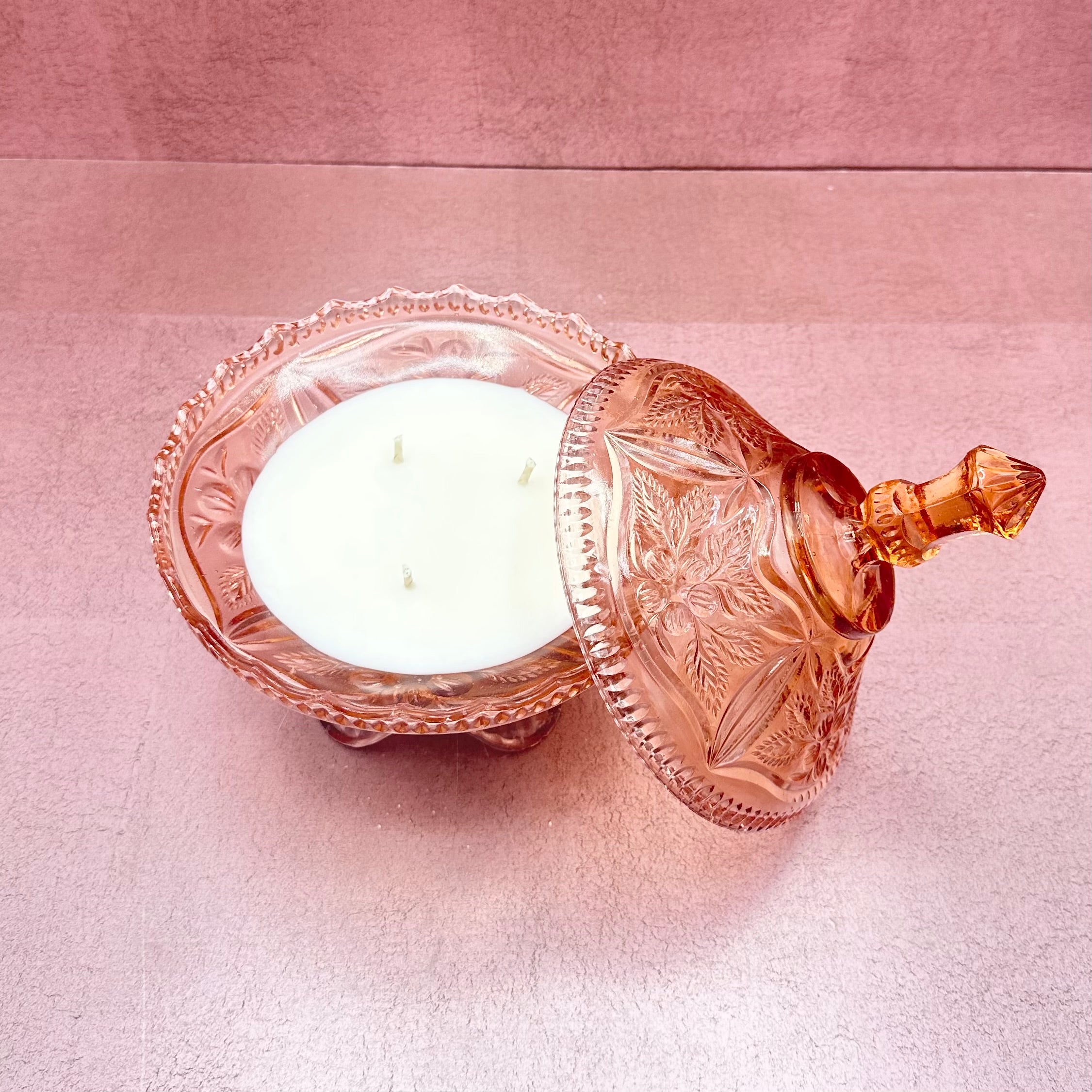Pink Depression Glass Footed Lidded Candy Bowl Candle