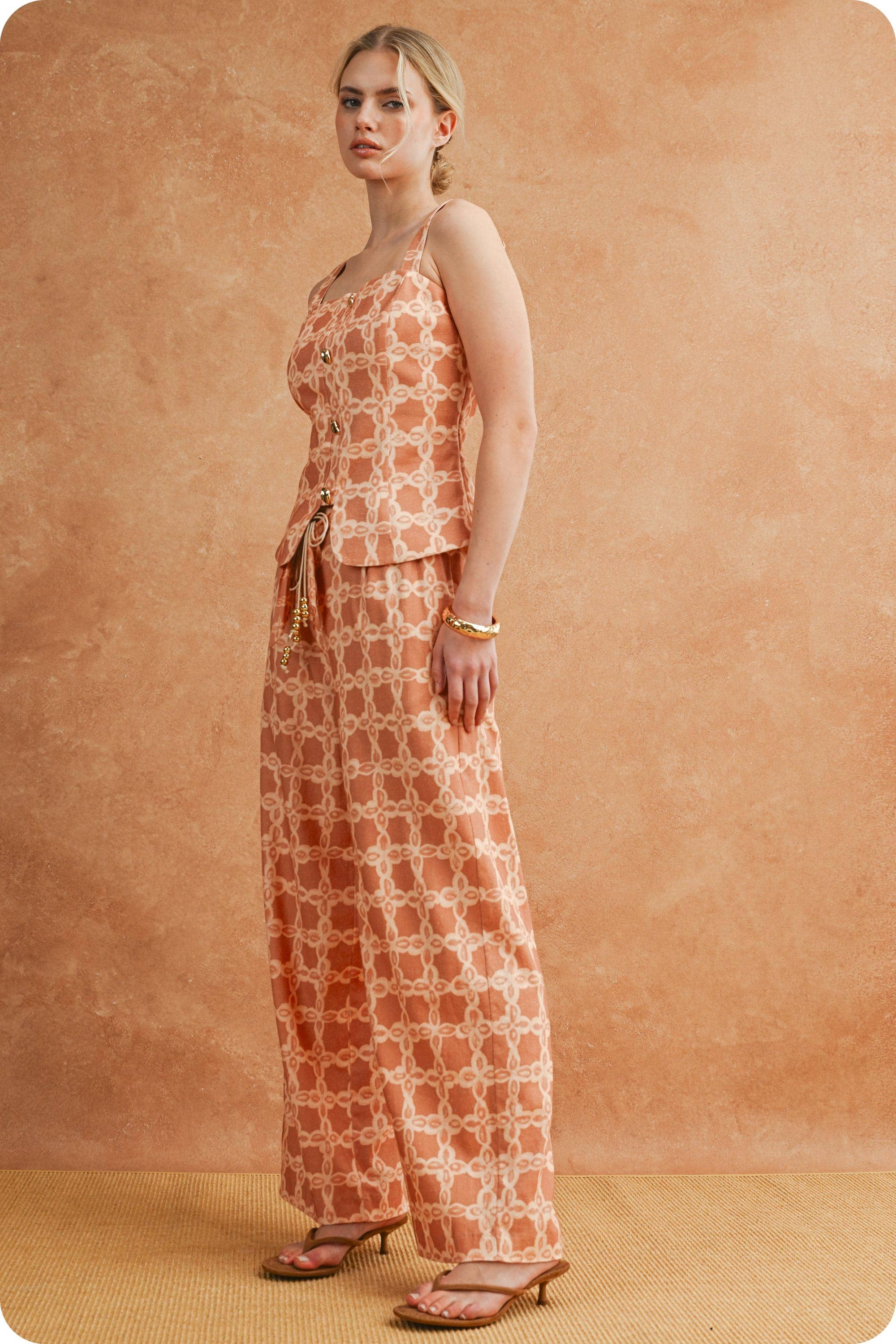 Chainlink Print Scarf Tie Belt Wide Leg Pants