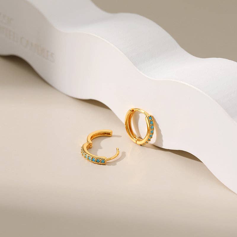 Turquoise Beaded Gold Hoop Huggie Earrings