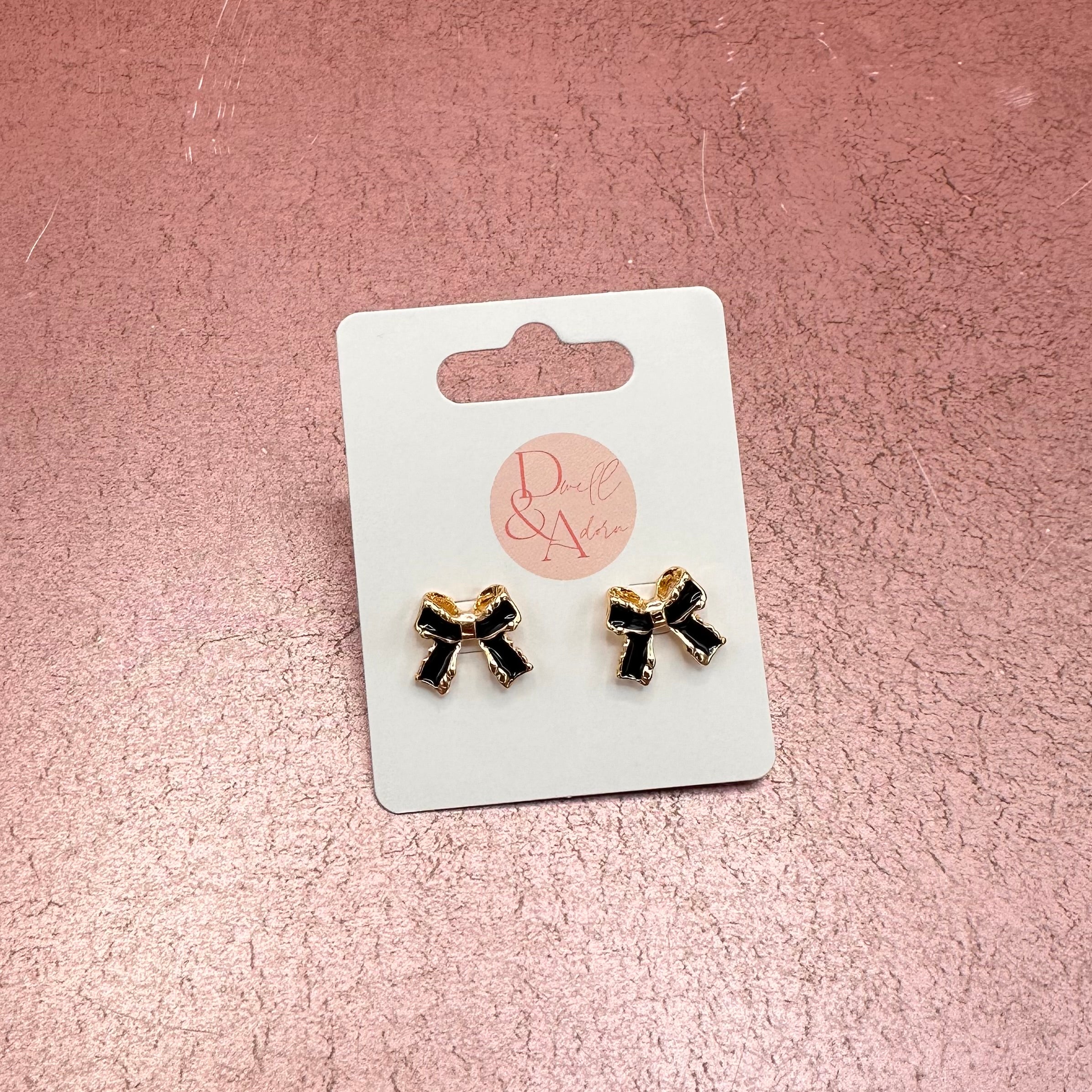 Gold w/ Black Enamel Bow Stud Earrings