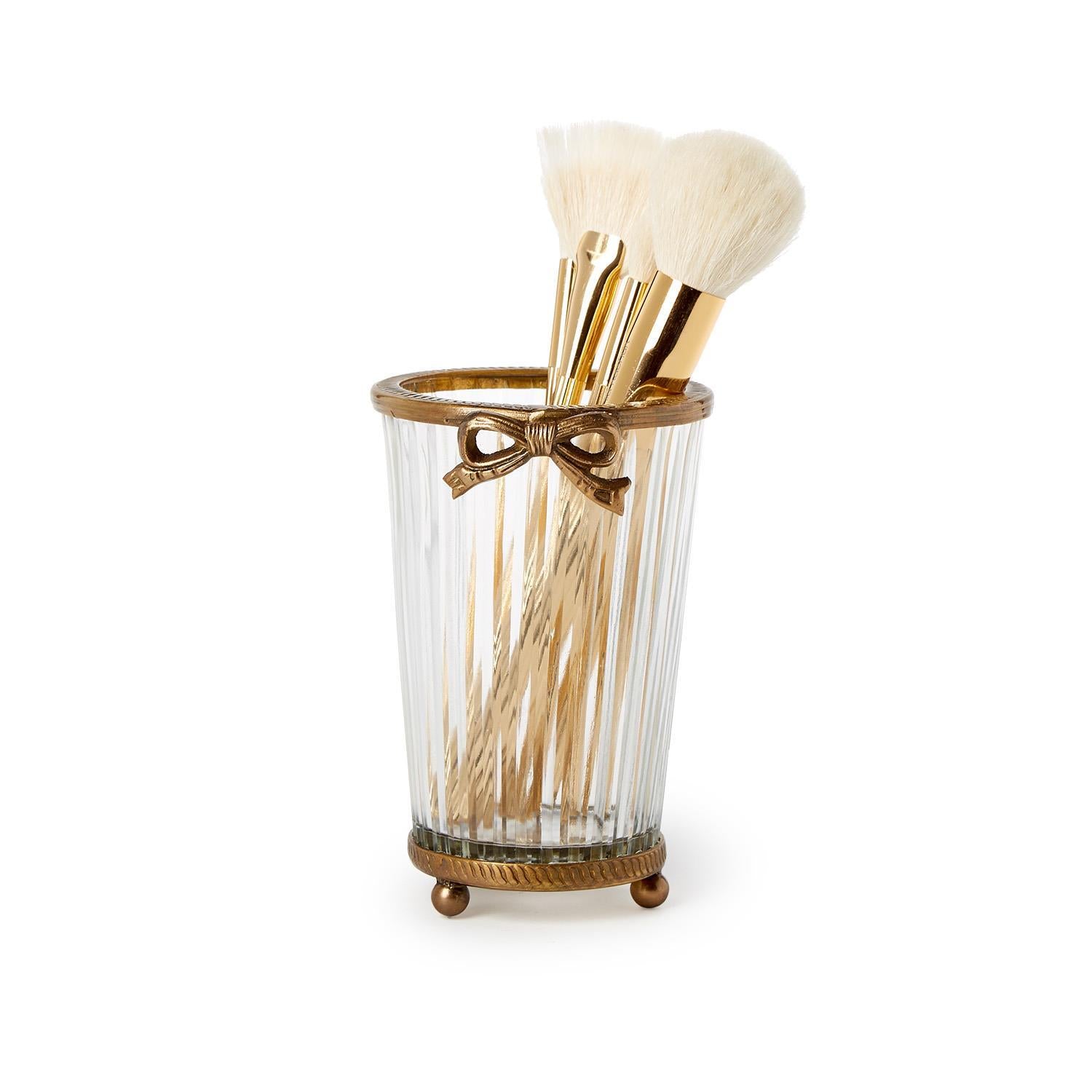 Antique Gold Hand Cut Glass Vase w/ Bow Accent