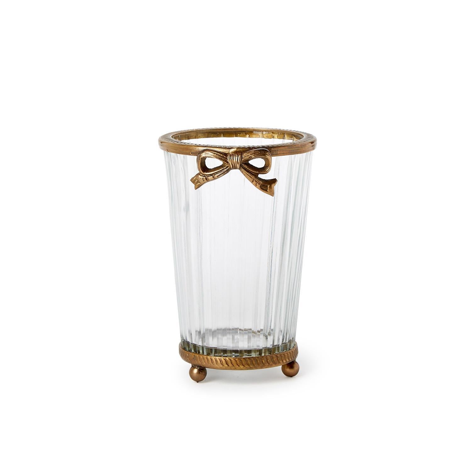 Antique Gold Hand Cut Glass Vase w/ Bow Accent