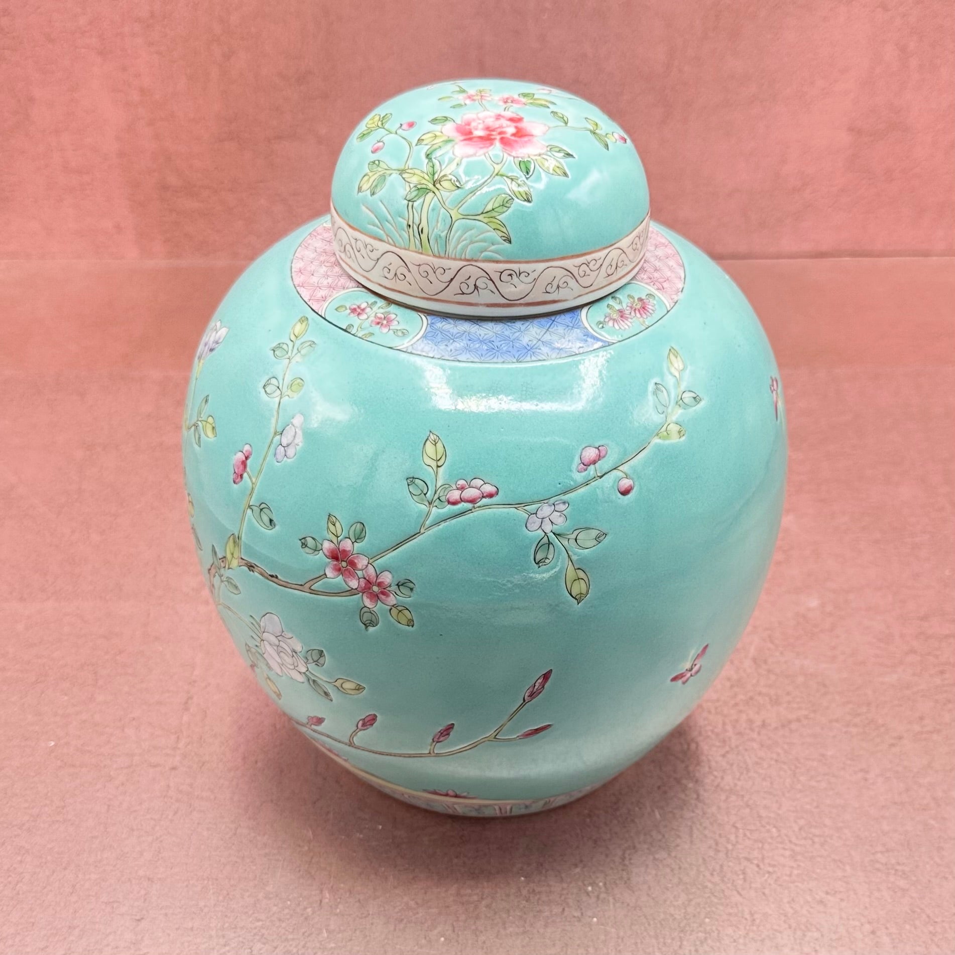 Aqua Chinoiserie Chinese Ginger Jar w/ Pheasant