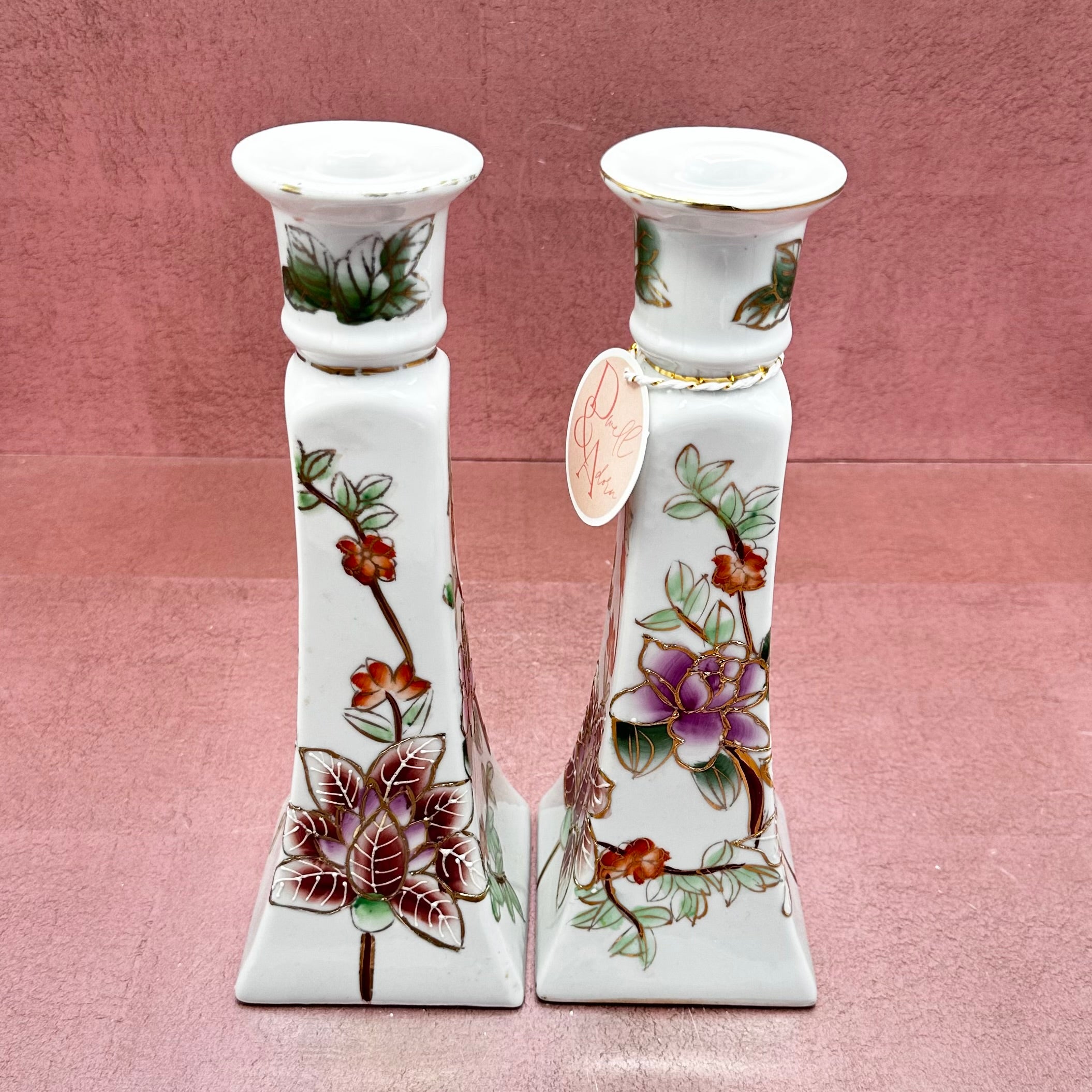 Hand Painted Floral Candlesticks Pair