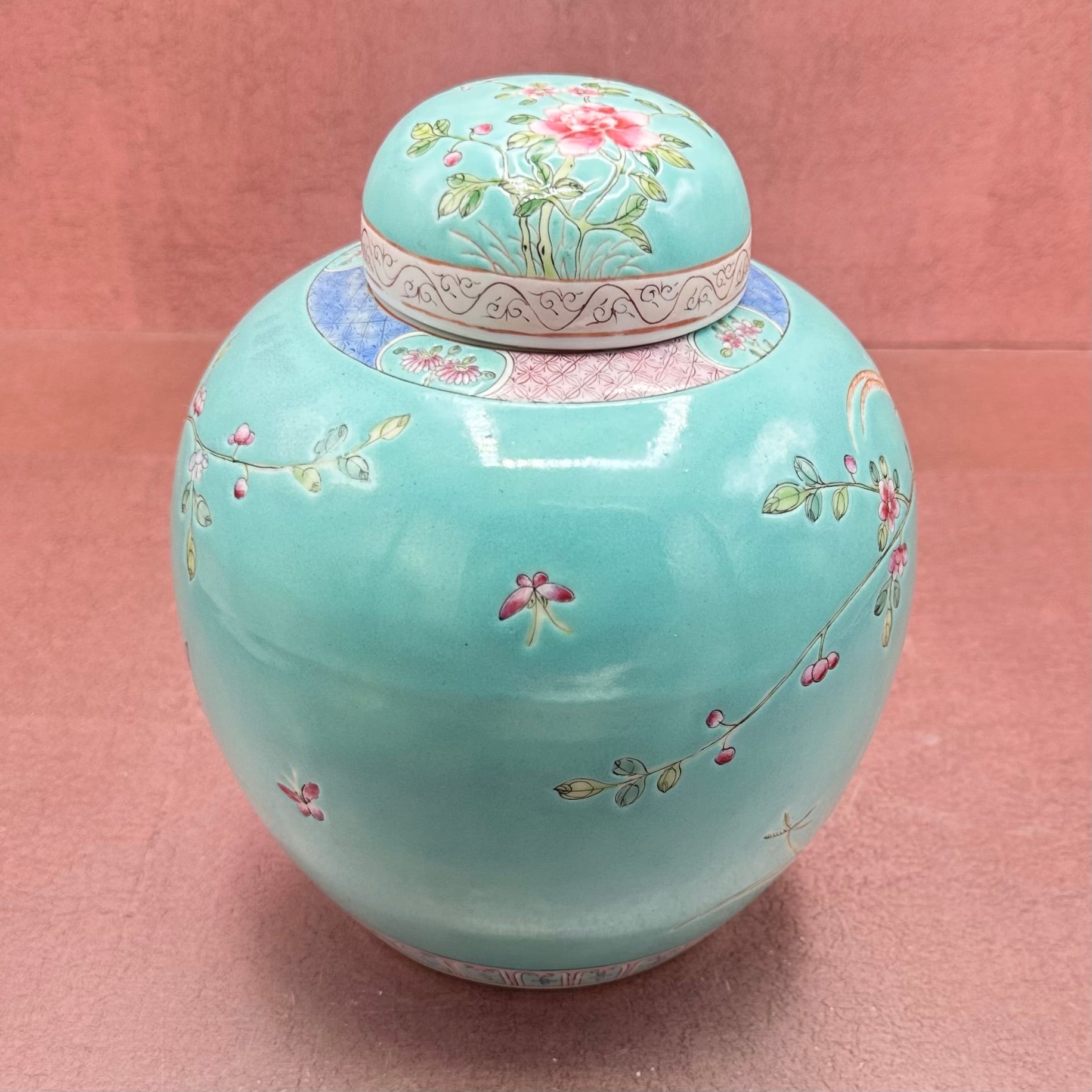 Aqua Chinoiserie Chinese Ginger Jar w/ Pheasant
