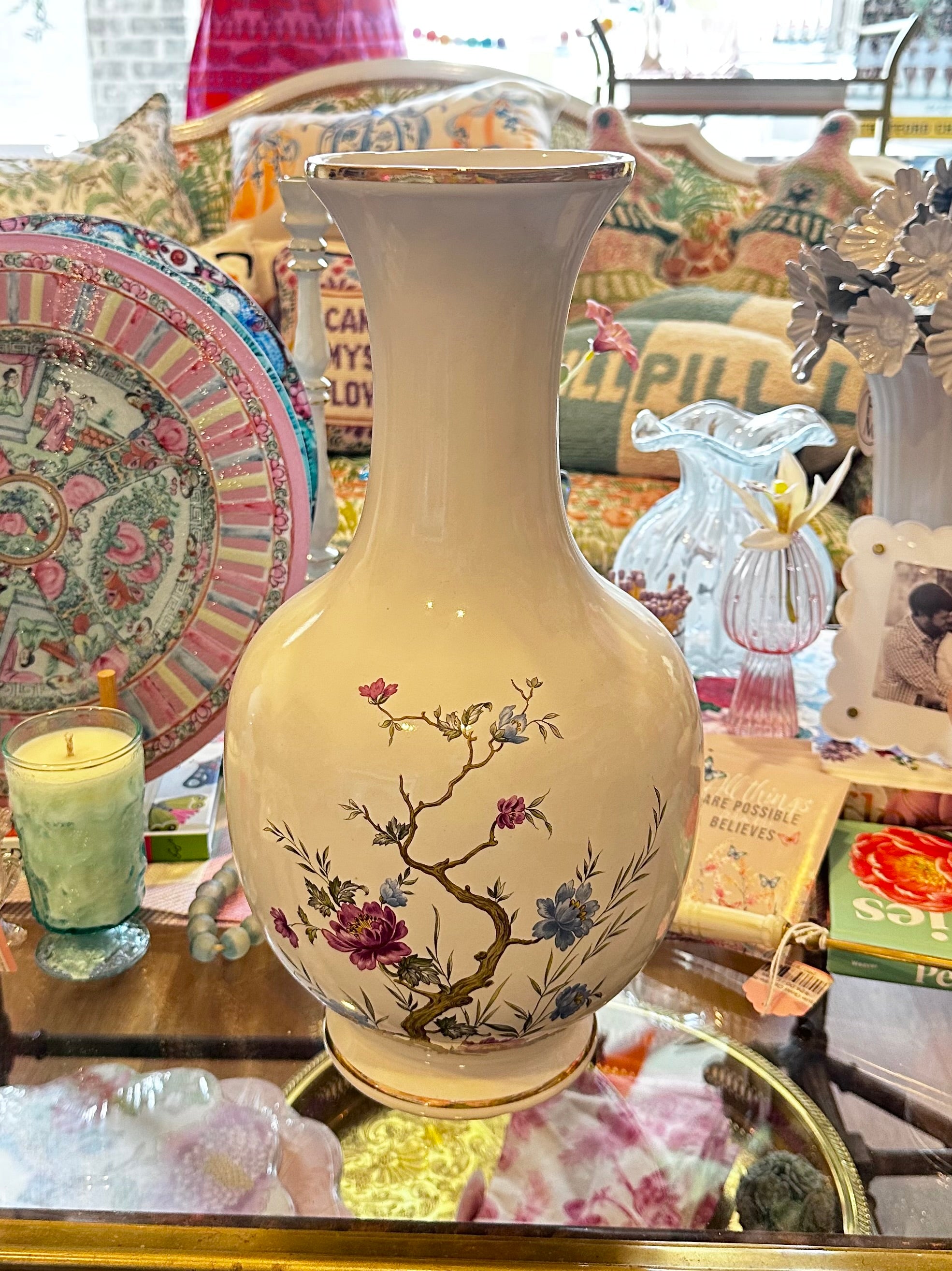 Large White w/ Floral Gold Rimmed Vase