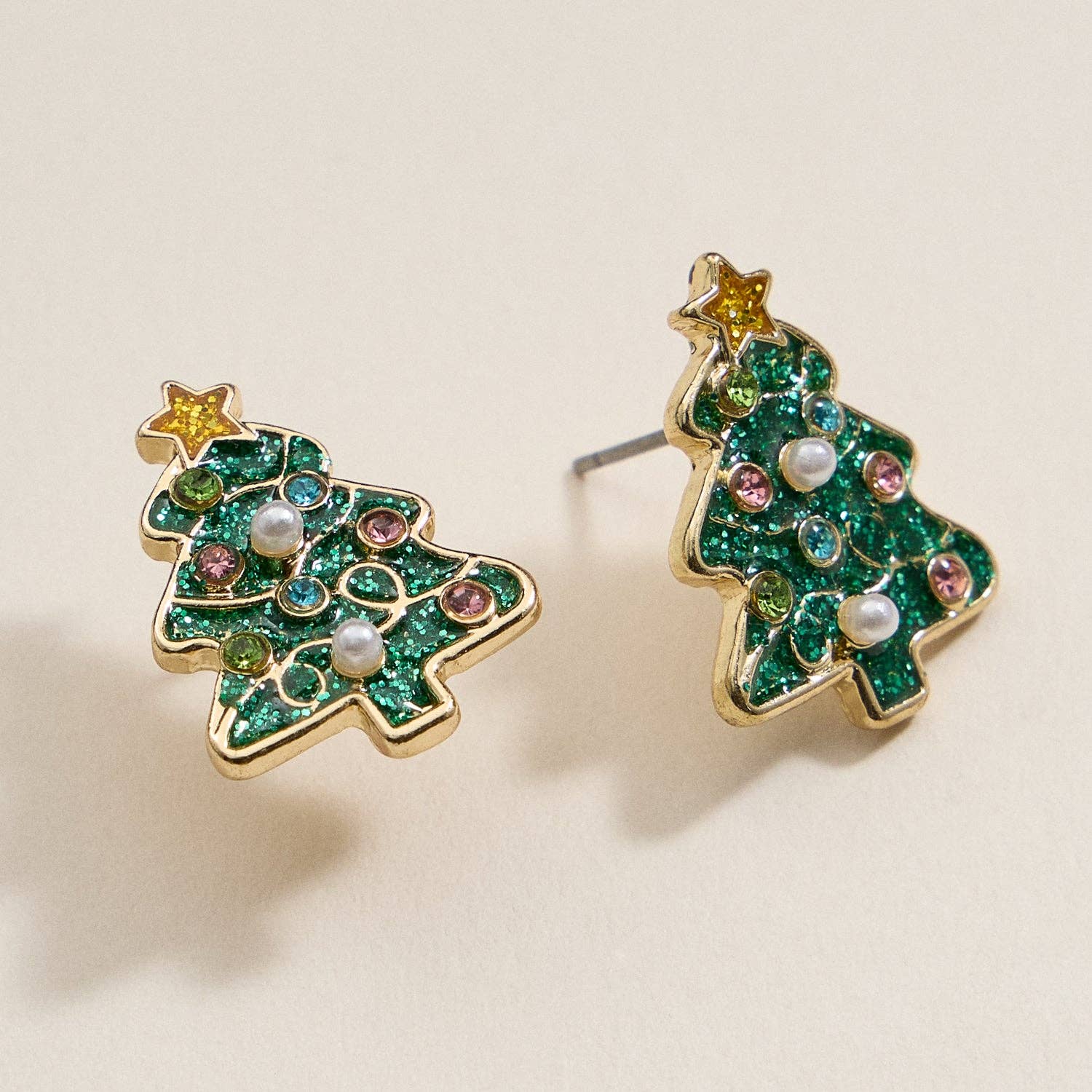 Enamel w/ Pearl Christmas Tree Stud Earrings
