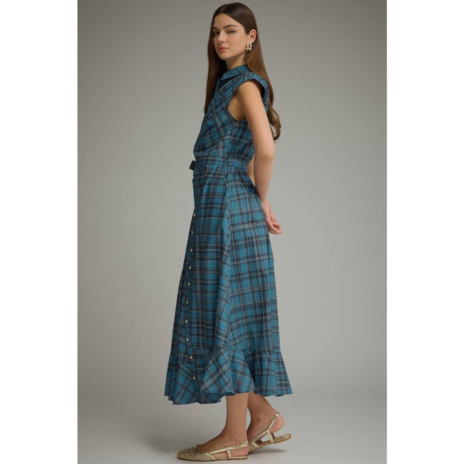 Plaid Cap Sleeve Midi Dress