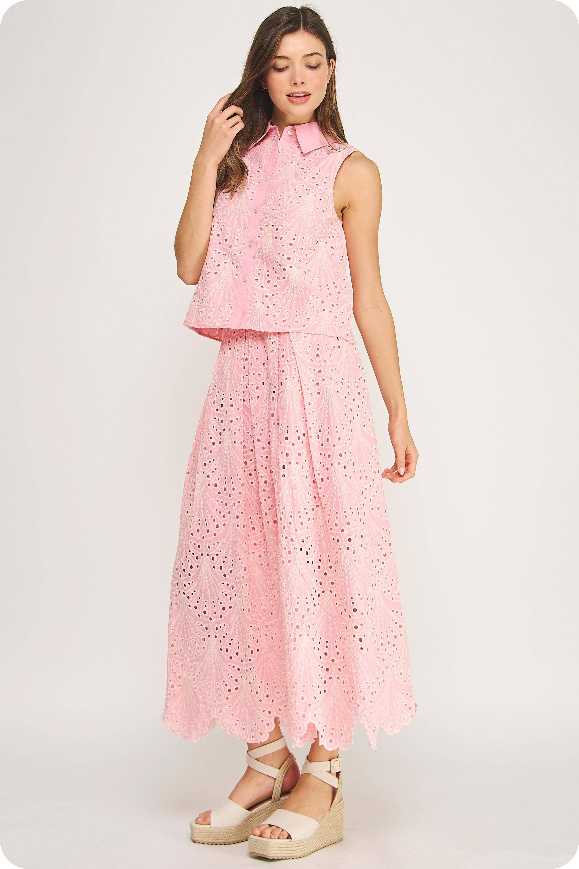 Eyelet Embroidered Pink Shirt and Midi Skirt Set