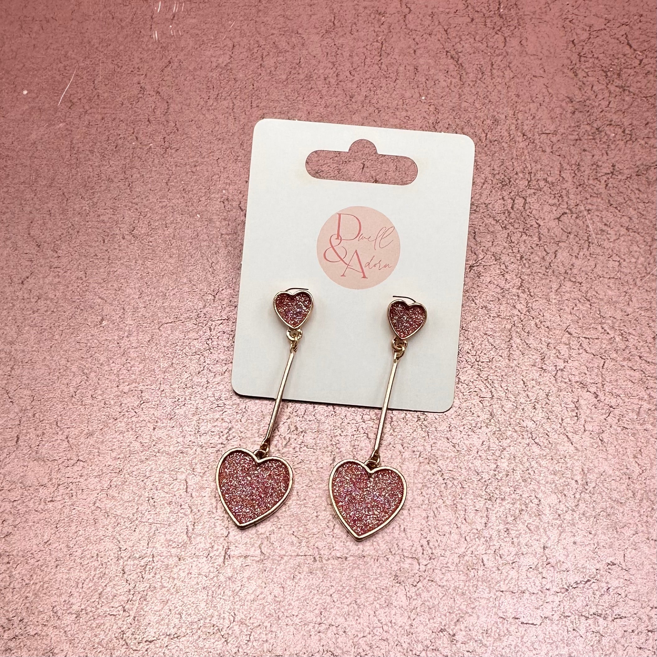 Dangling Pink Glitter and Gold Heart Earrings