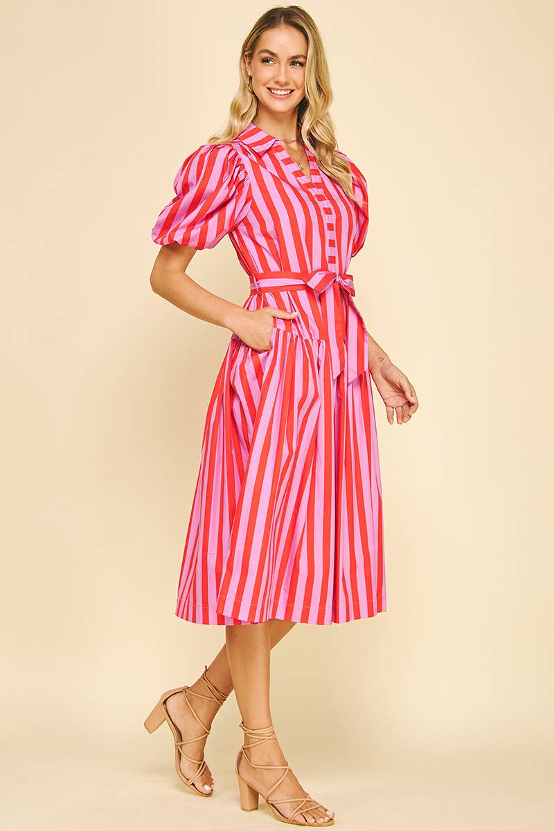 Striped Pink & Red Balloon Sleeve Midi Dress