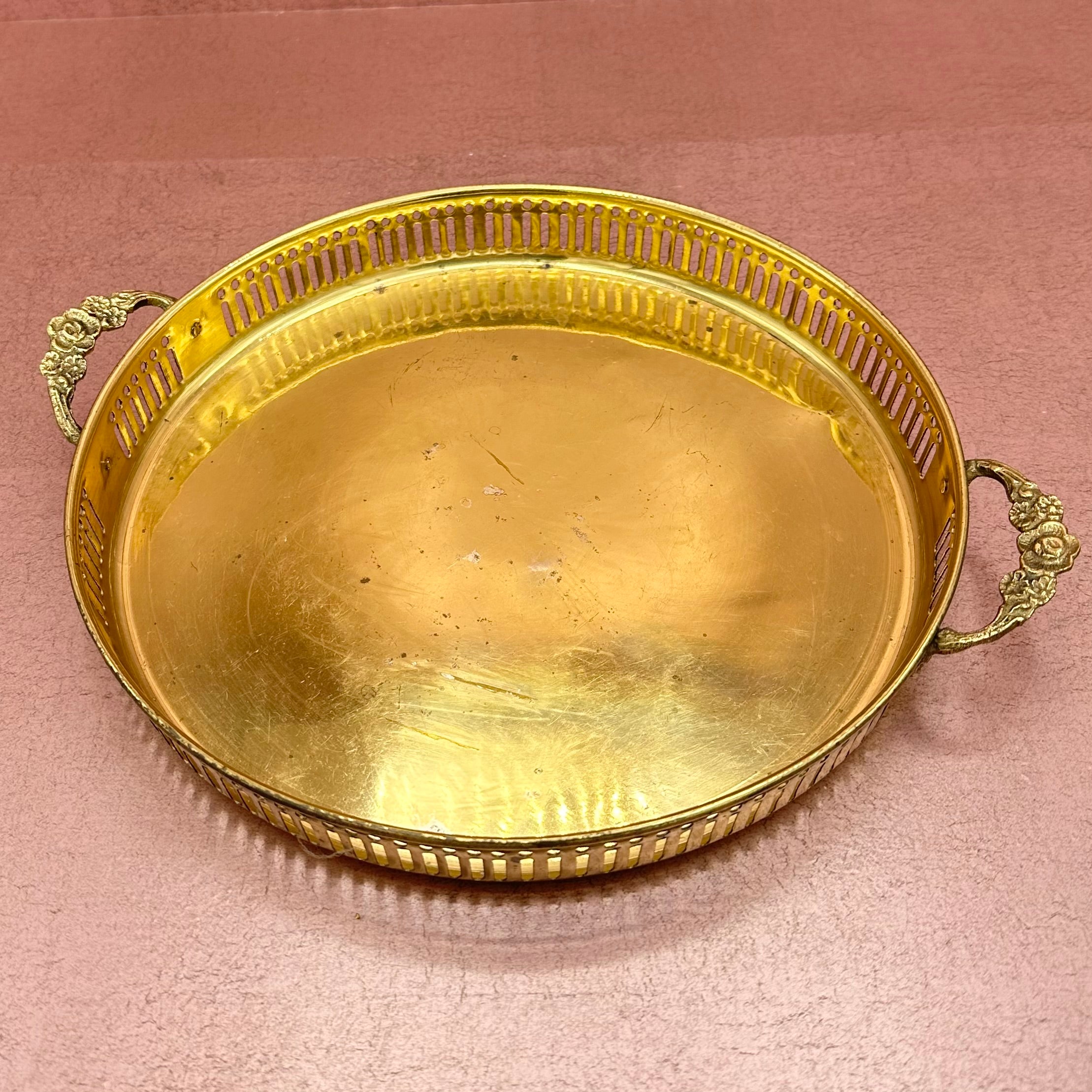 Reticulated Brass Round Tray with Floral Handles