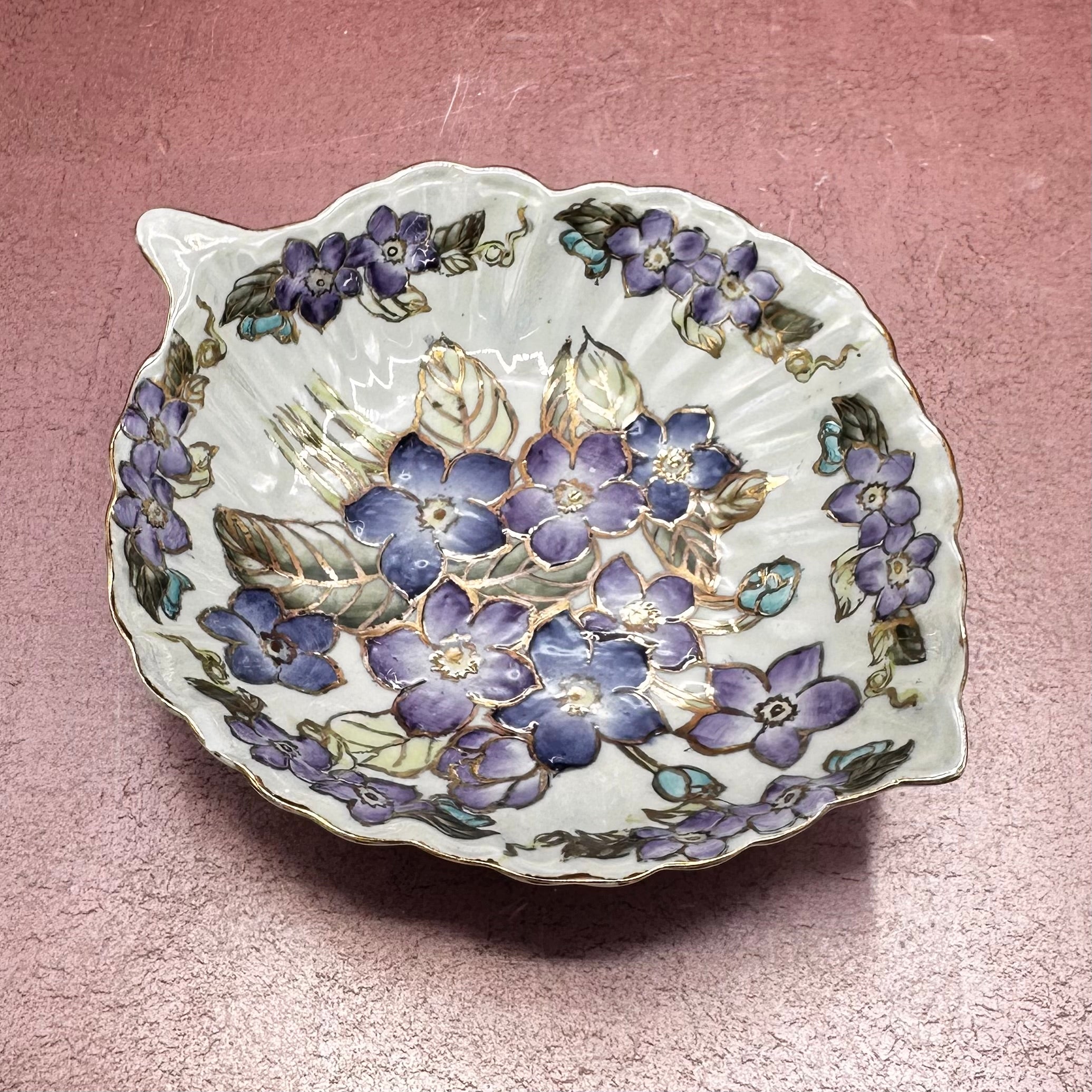 Hand Painted Blue & Purple Floral Leaf Dish