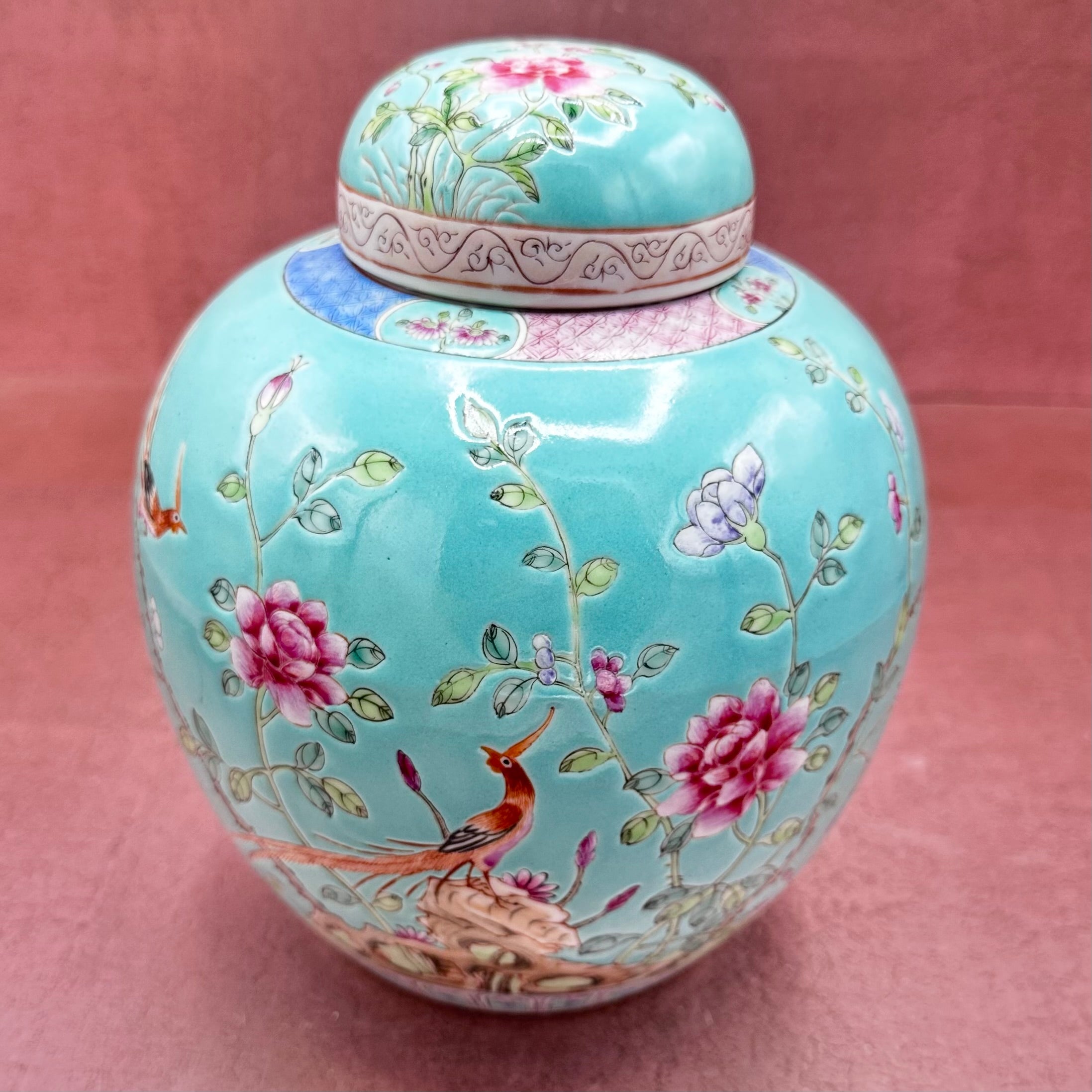 Aqua Chinoiserie Chinese Ginger Jar w/ Pheasant
