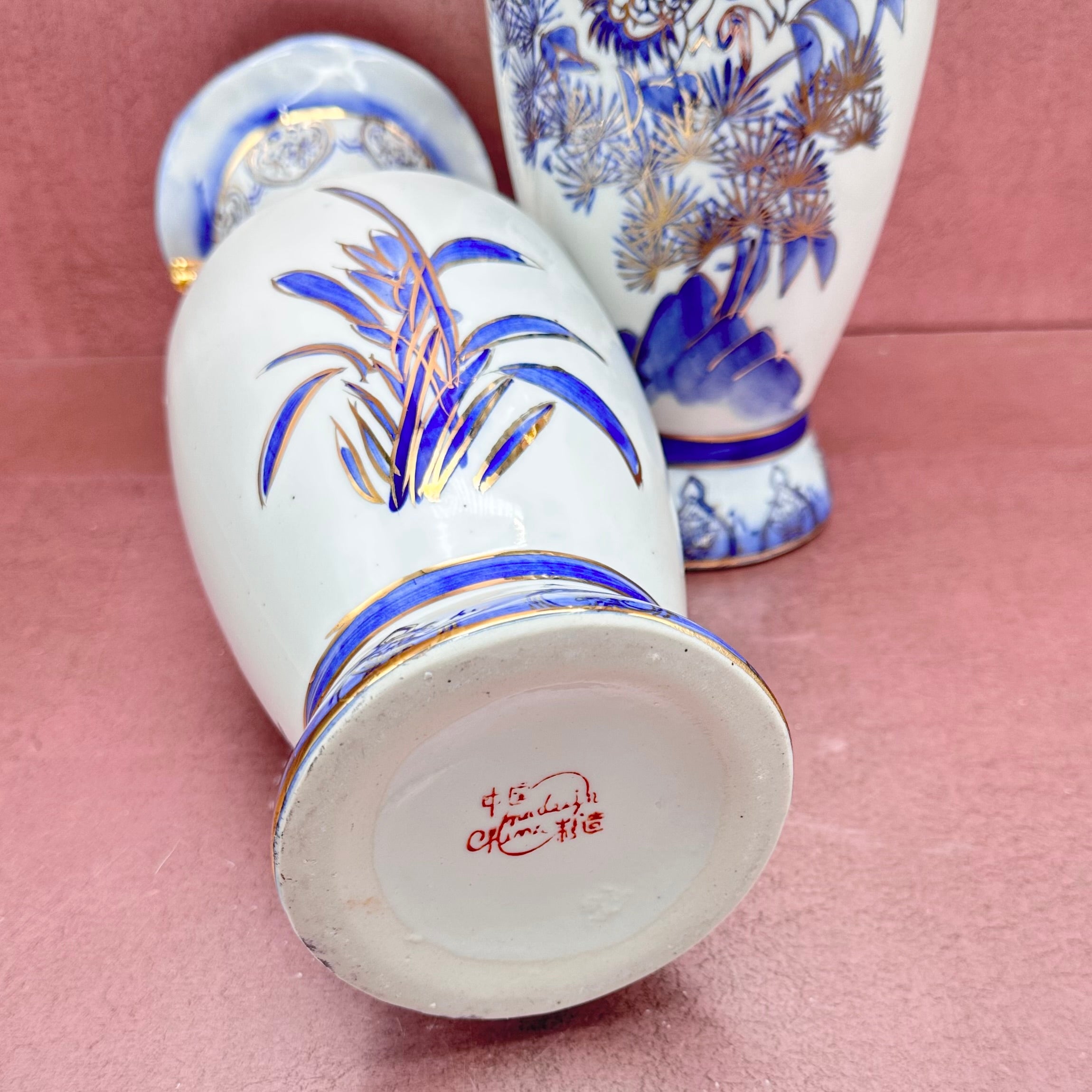 Pair of Blue, White & Gold Crane Temple Vases