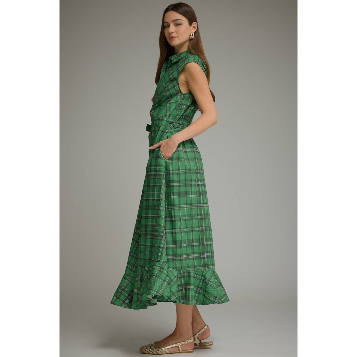 Plaid Cap Sleeve Midi Dress