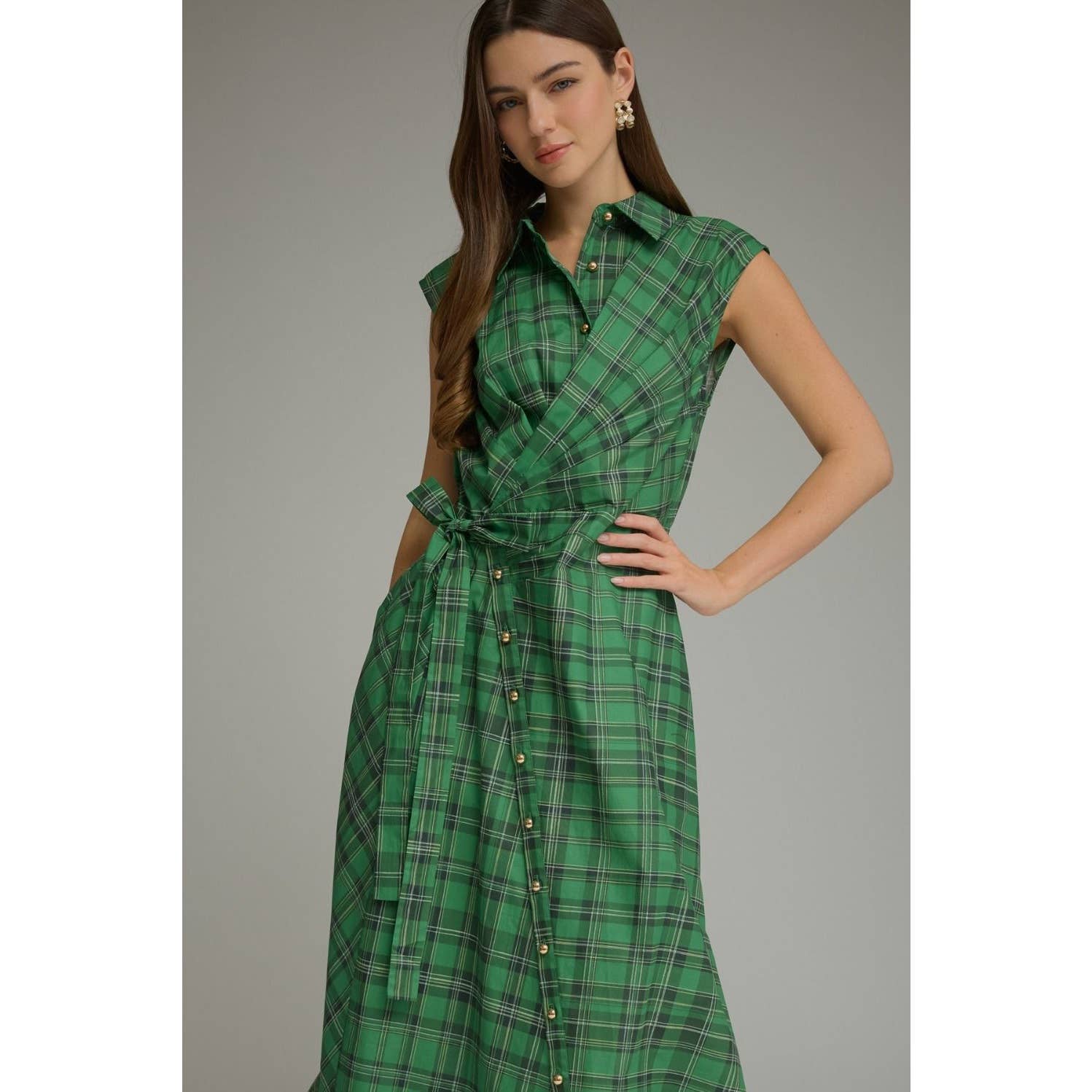 Plaid Cap Sleeve Midi Dress