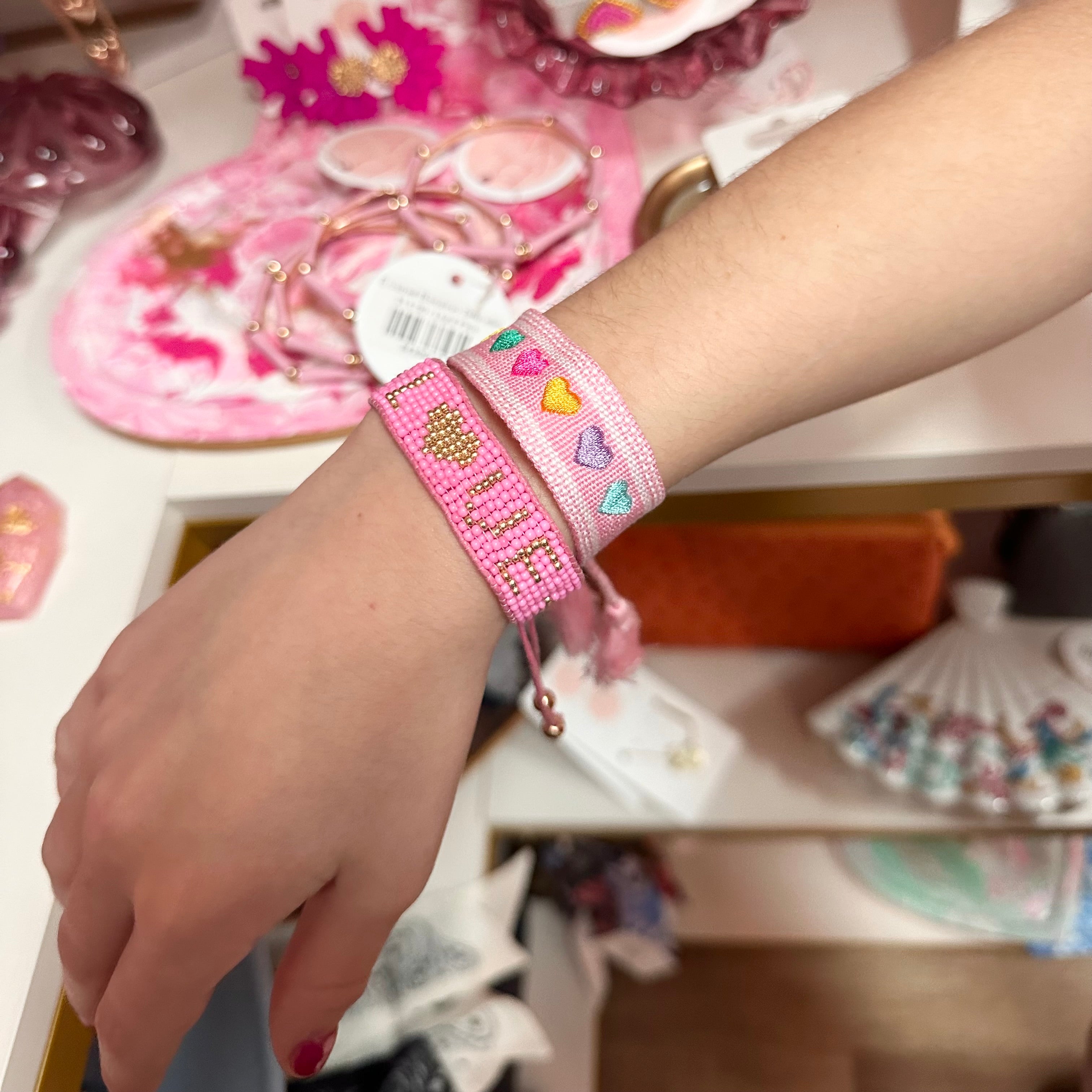 Rainbow Embroidered Heart Tassel Bracelet