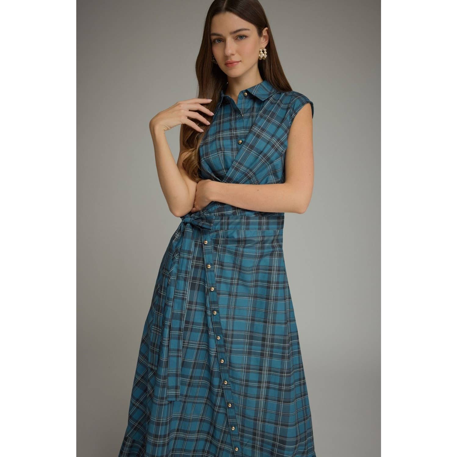 Plaid Cap Sleeve Midi Dress