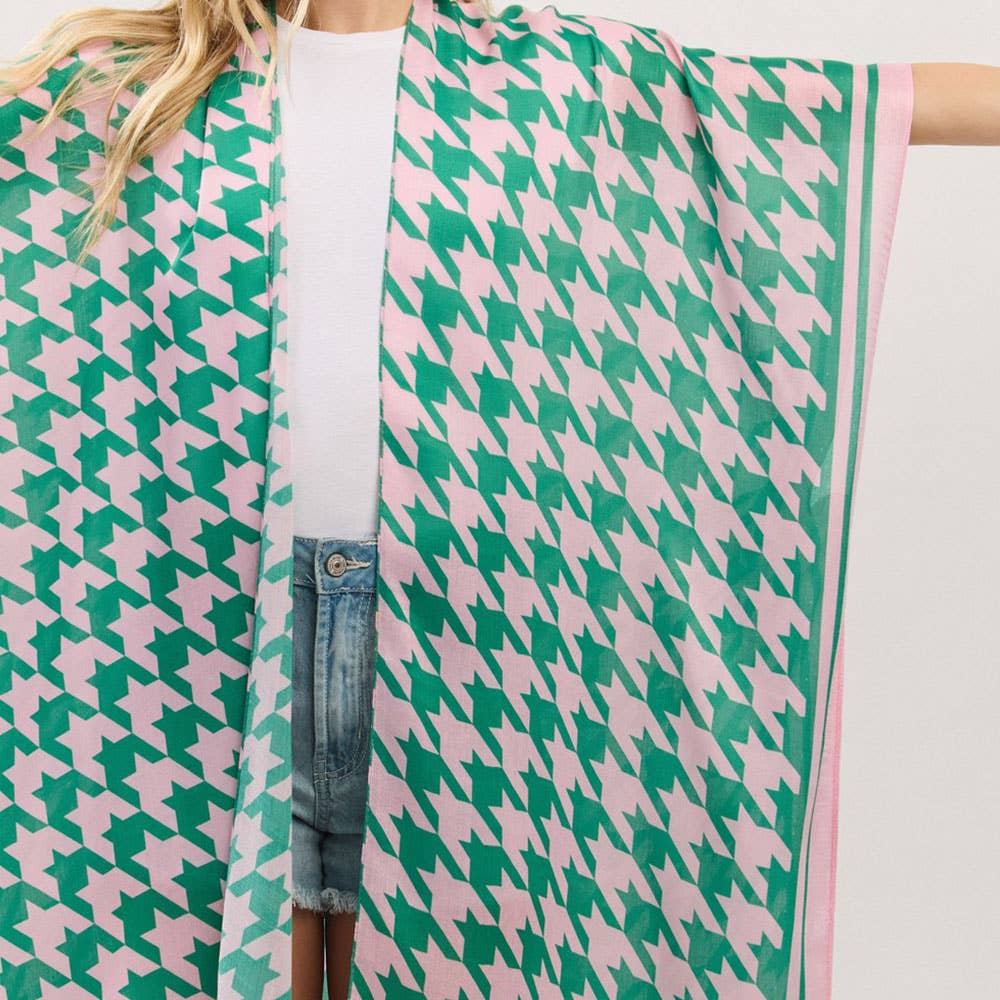 Houndstooth Print Pink & Green Kimono
