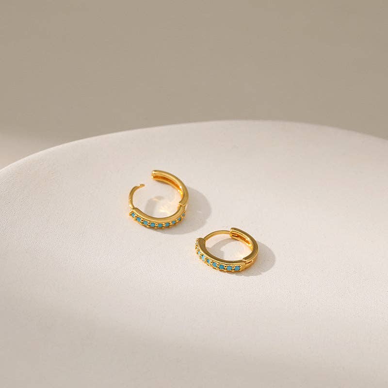 Turquoise Beaded Gold Hoop Huggie Earrings