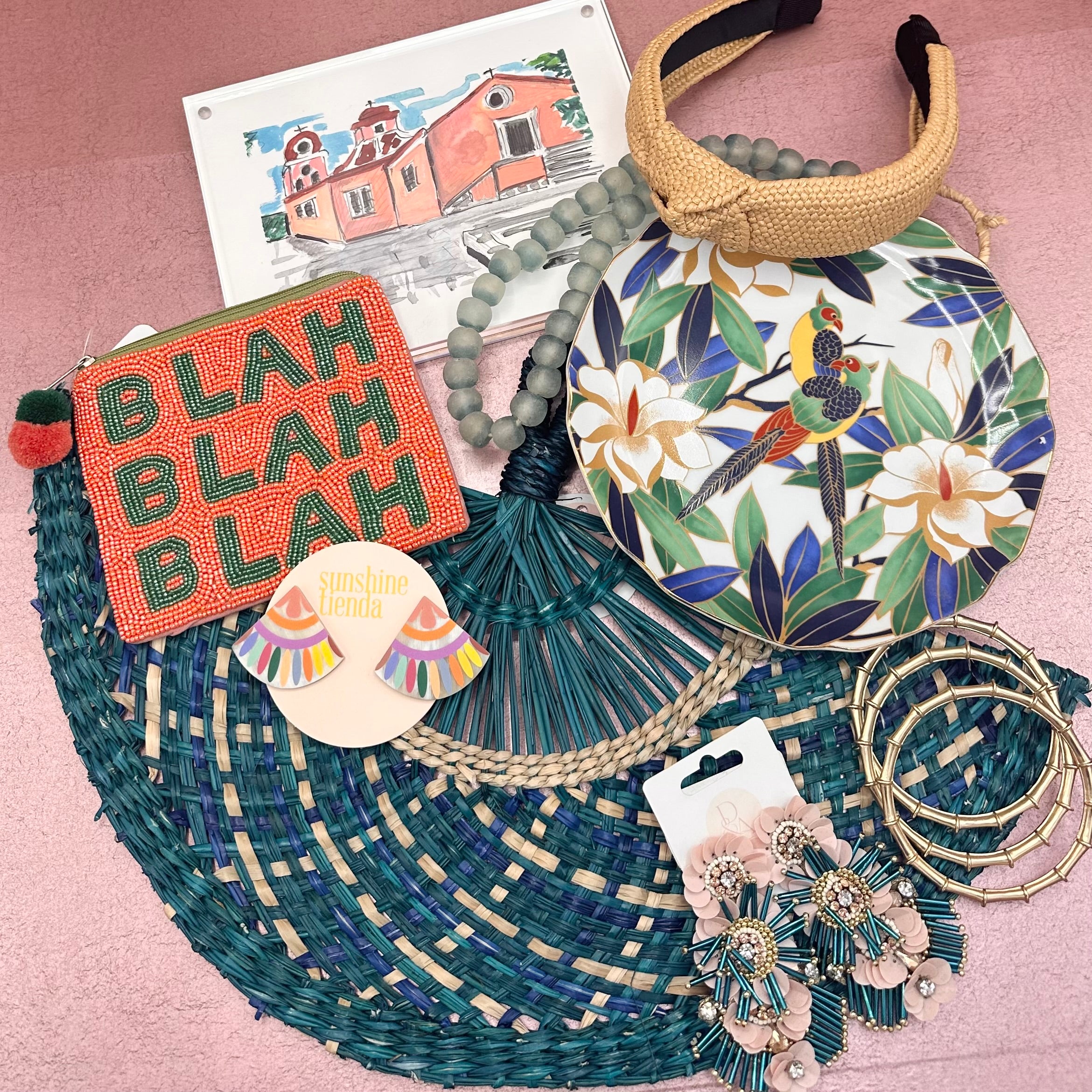 Teal Bohemian Woven Grass Fan