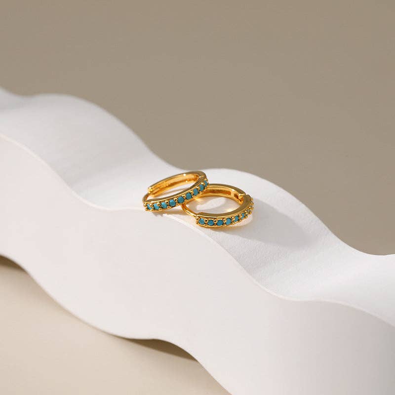 Turquoise Beaded Gold Hoop Huggie Earrings