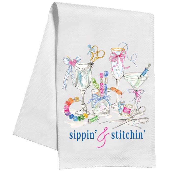Sippin' & Stitchin' Needlepoint Cocktails Kitchen Towel