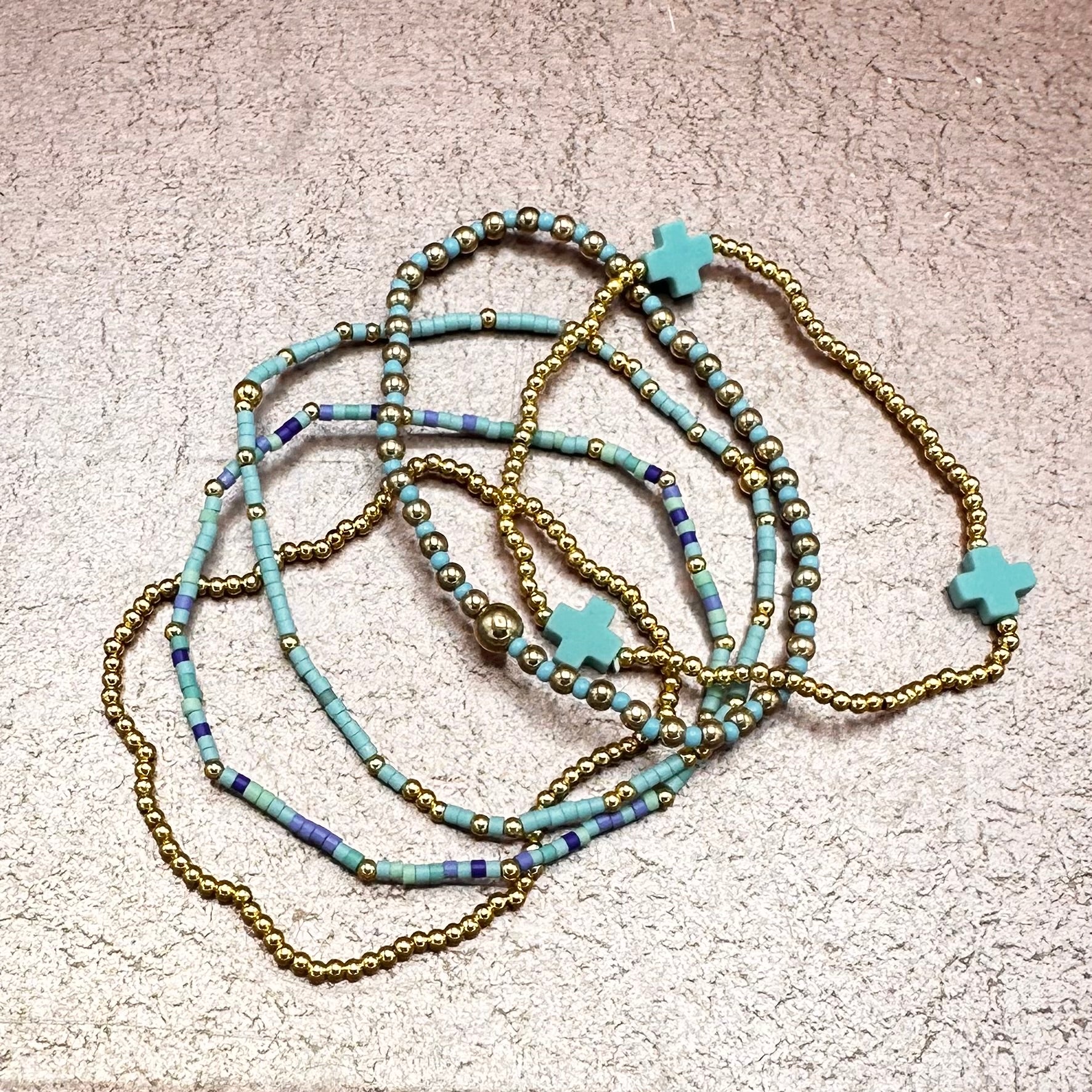 Gold & Color Beaded Bracelet Stack w/ Cross