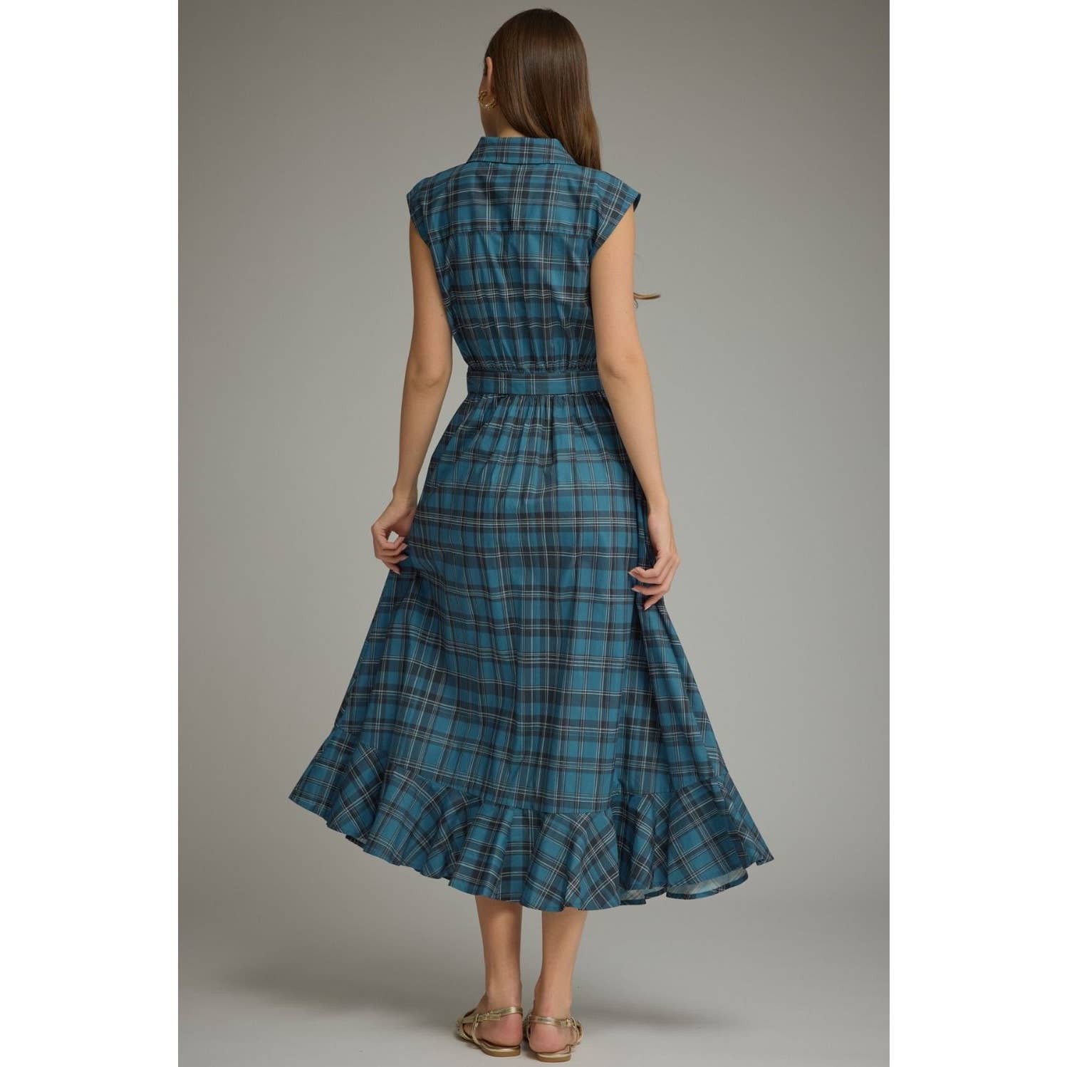 Plaid Cap Sleeve Midi Dress