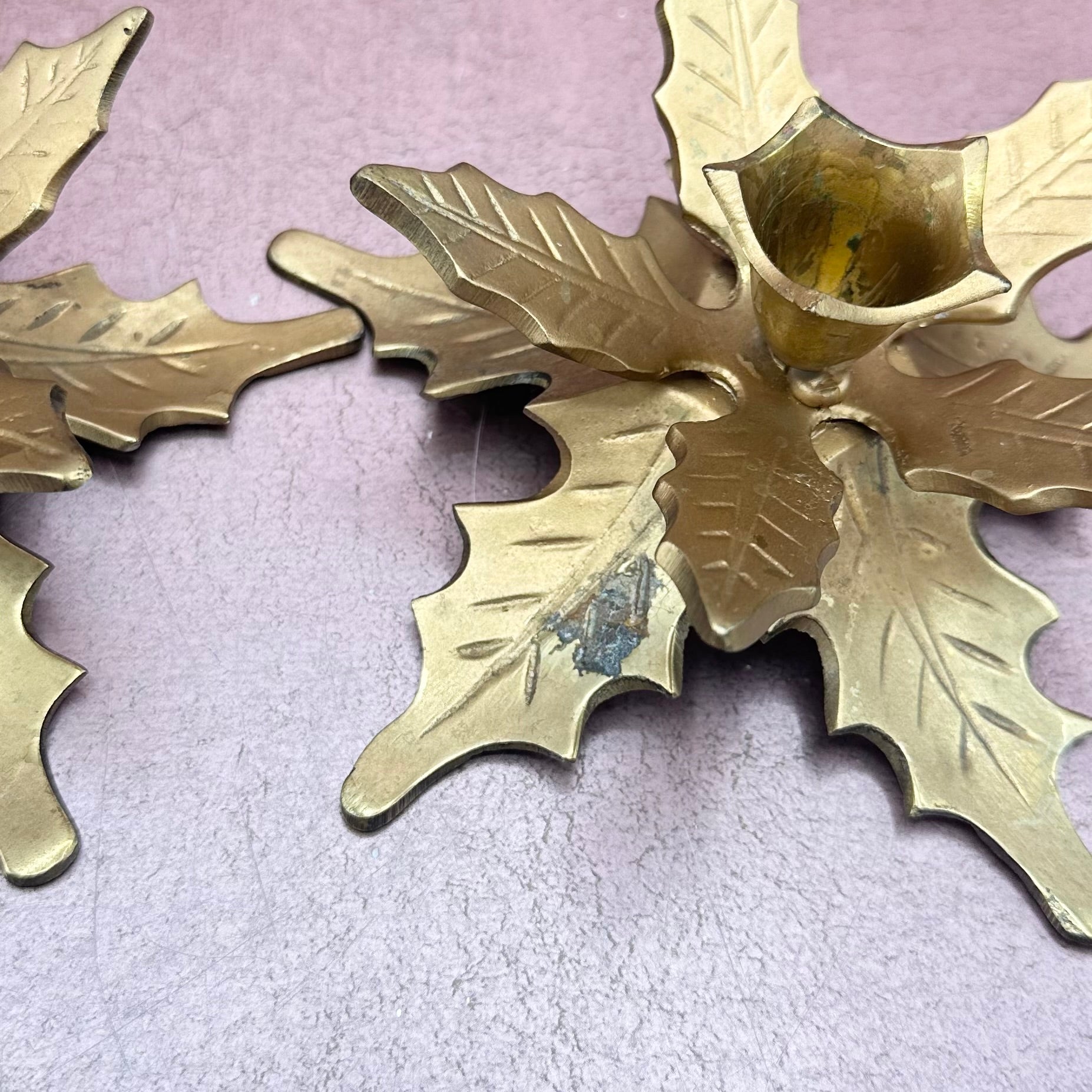 Brass Holly Leaf Candlestick Holder Pair