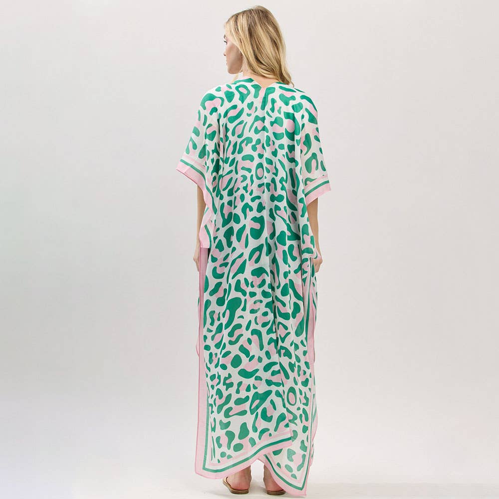 Leopard Print Pink & Green Long Kimono