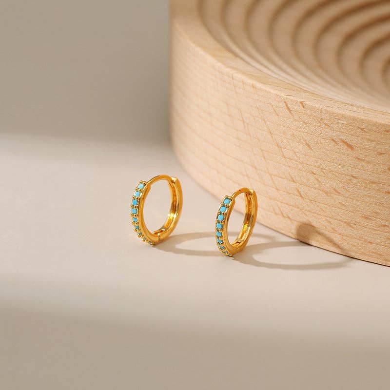 Turquoise Beaded Gold Hoop Huggie Earrings