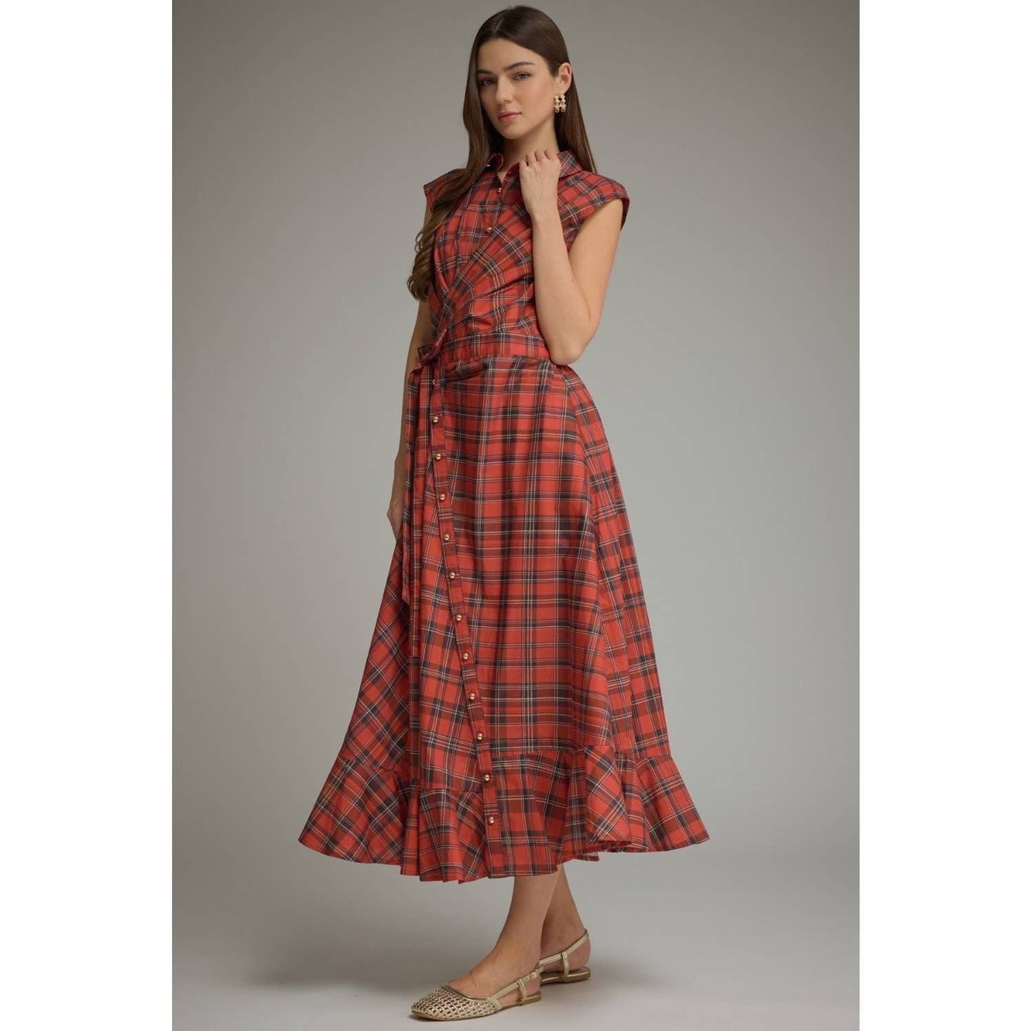 Plaid Cap Sleeve Midi Dress