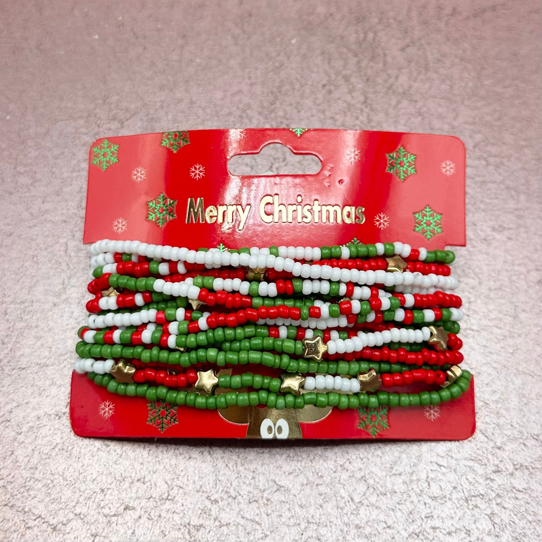 Green, Red & White Star Beaded Bracelet Stack