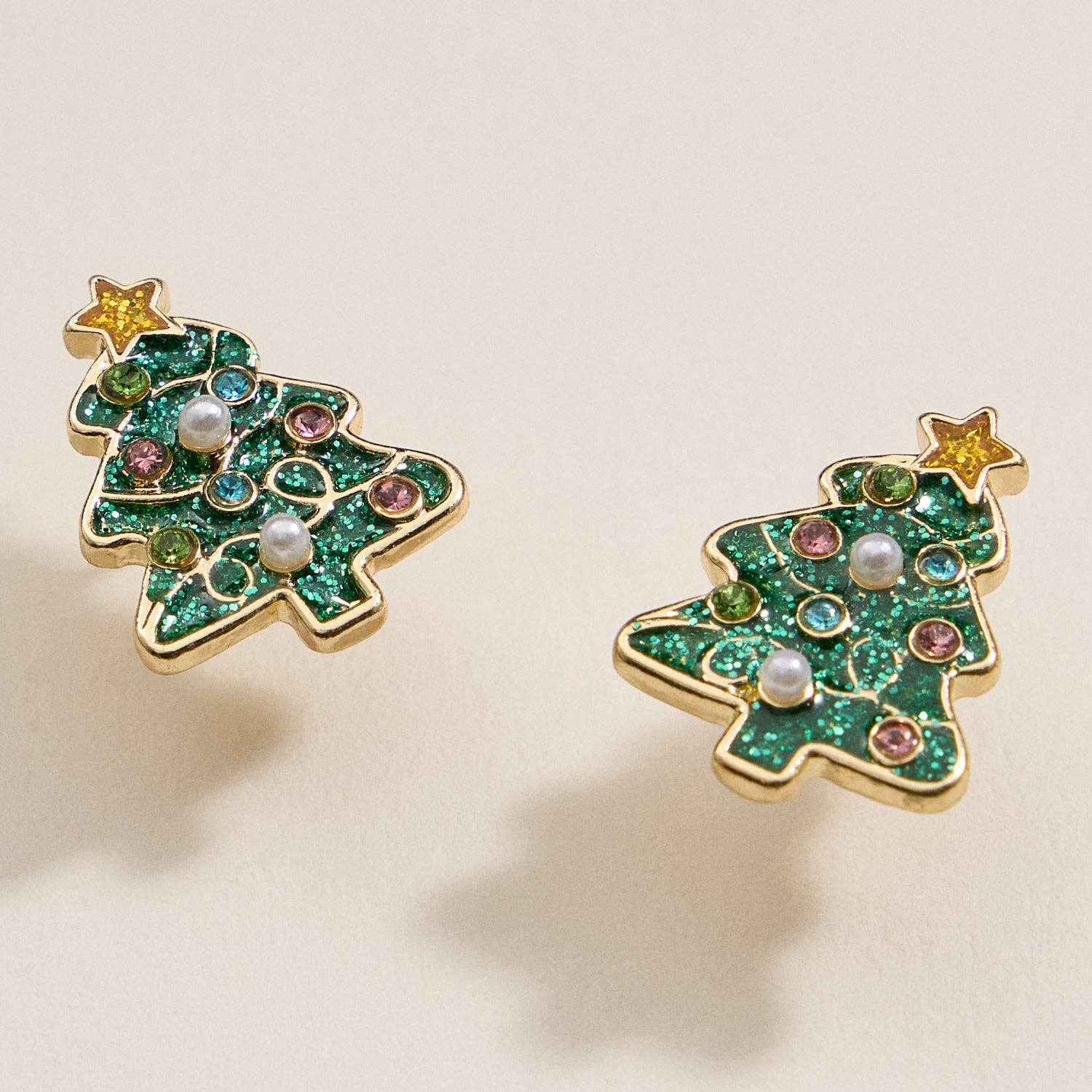 Enamel w/ Pearl Christmas Tree Stud Earrings